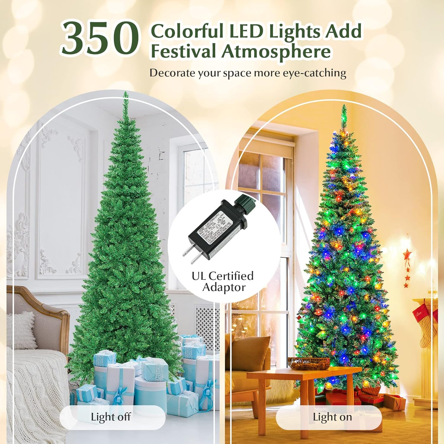 7.5ft Pencil Christmas Tree with Lights, Slim Xmas Tree w/ 350 Multi-Colored LED Lights & 1085Hinged Branch Tips, Artificial Christmas Tree for Home Office Party Decoration, Easy Assemble