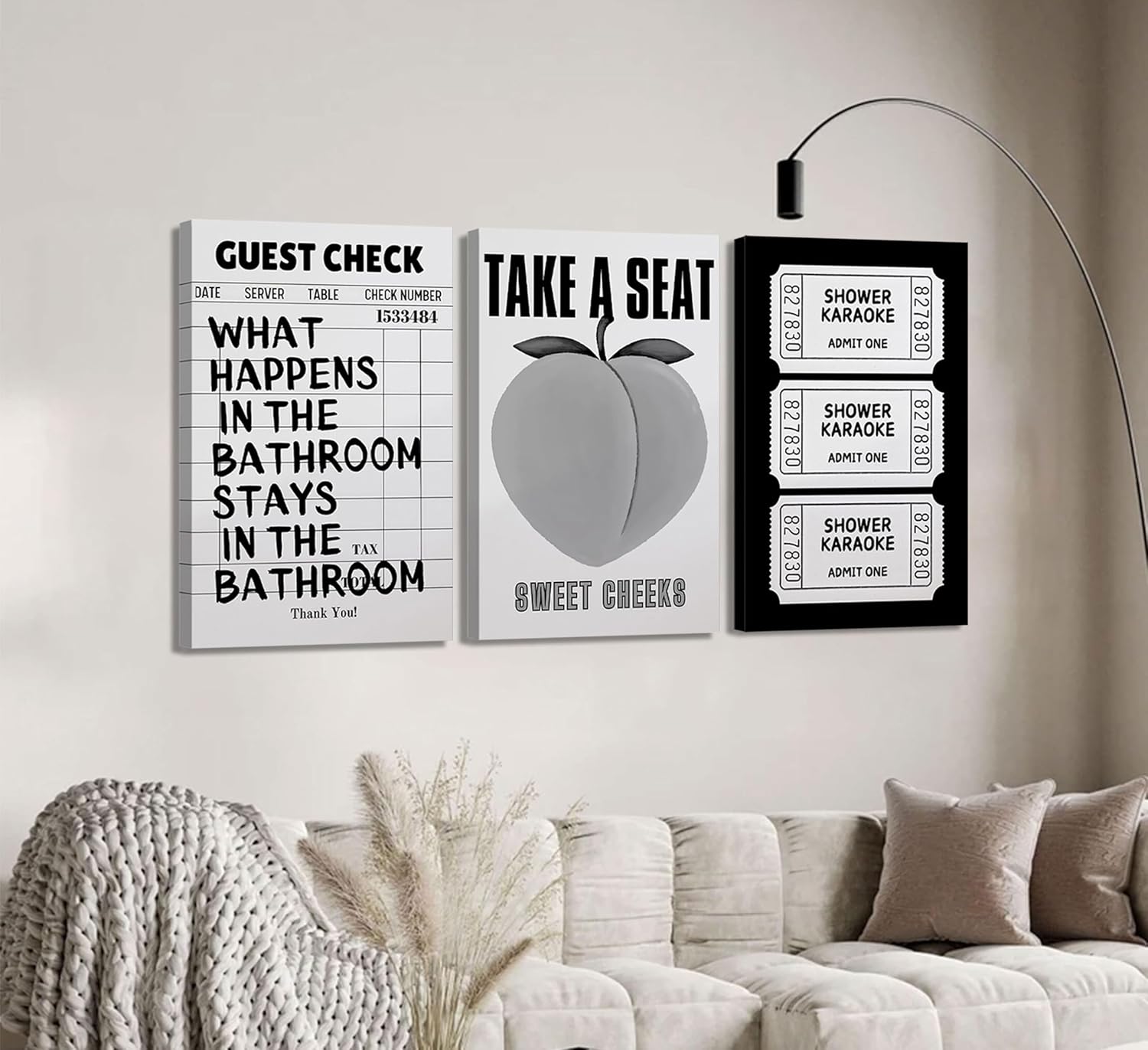 3Pcs Funny Bathroom Canvas Wall Art Humor Black and White Pictures Vintage Cute Preppy Posters Take A Seat Sweet Cheeks Peaches Prints Guest Bill Shower Karaoke Wall Decor 16x24in Framed