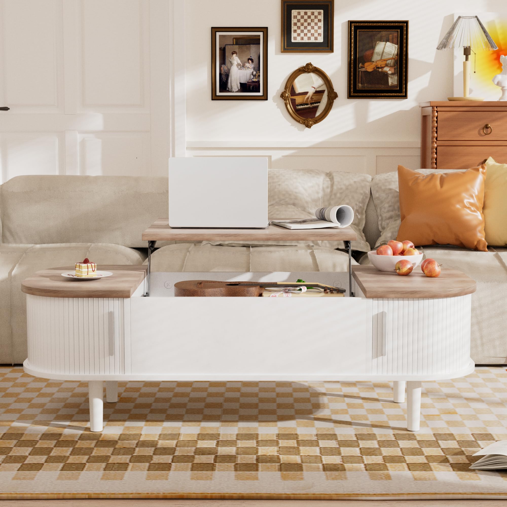 PURFINO Couchtisch mit Hebeplatte – Moderner Holztisch mit Einzigartiger Textur & Verstecktem Stauraum, Kaffeetisch für Wohnzimmer, Schlafzimmer, Kleine Räume, Home Office