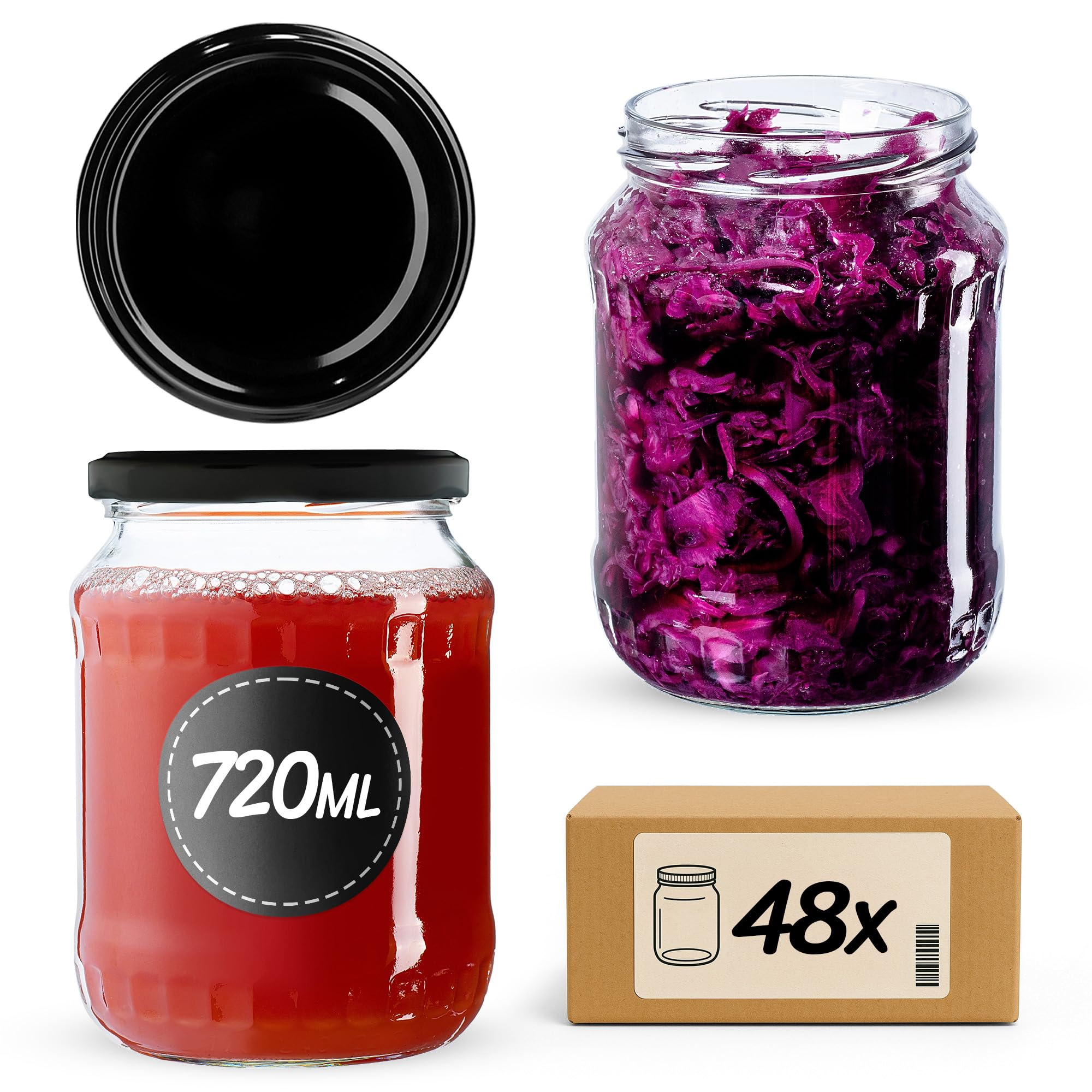 KADAX Lot de 48 grands bocaux en verre 720ml Ø82 à pois rouges – Couvercle Twist-Off hermétique TO82 – Pour conserves, cornichons, légumes fermentés & confitures maison
