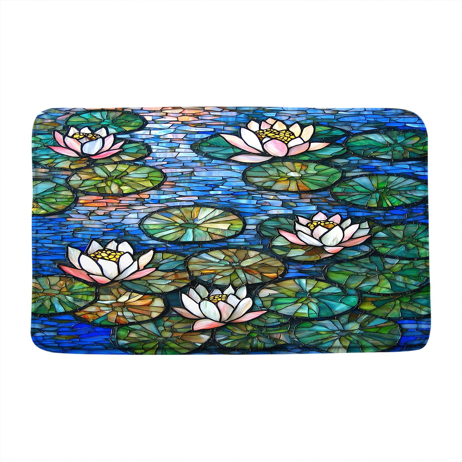 Lotus Flower Bath Mat Stained Glass Green Leaves Pond Floral Nature Plant Modern Abstract Art Bathroom Decor Rug