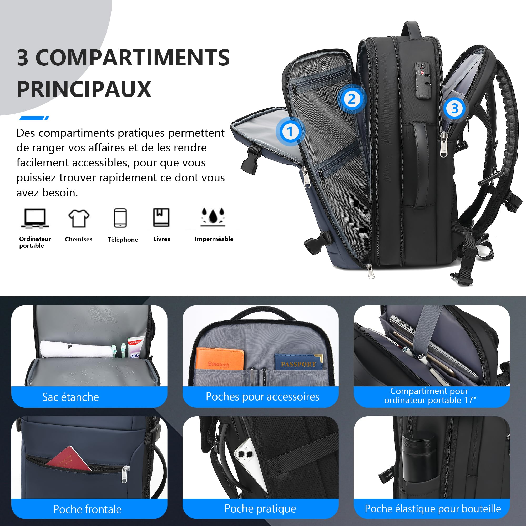 LOKASS Zaino sottovuoto, bagaglio a mano, zaino da viaggio, 60 l, espandibile, 17,3 pollici, zaino da viaggio, impermeabile, lucchetto TSA, bagaglio a mano, zaino con pompa a vuoto, Blu