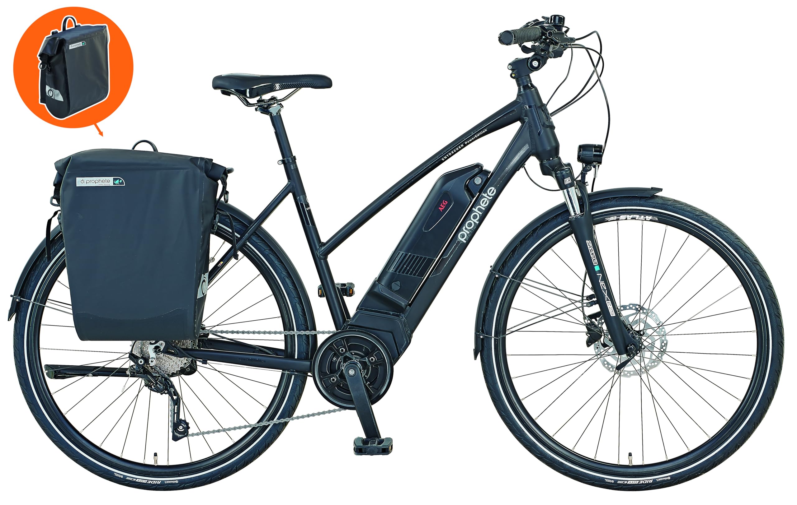 PROPHETE Esport Power Edition Damen Trekking E-Bike 28 Zoll - 250 W AEG SportDrive, Reichweite 180 km, 10 Gänge, LED 100 Lux, Scheibenbremsen, Federgabel, Mattschwarz