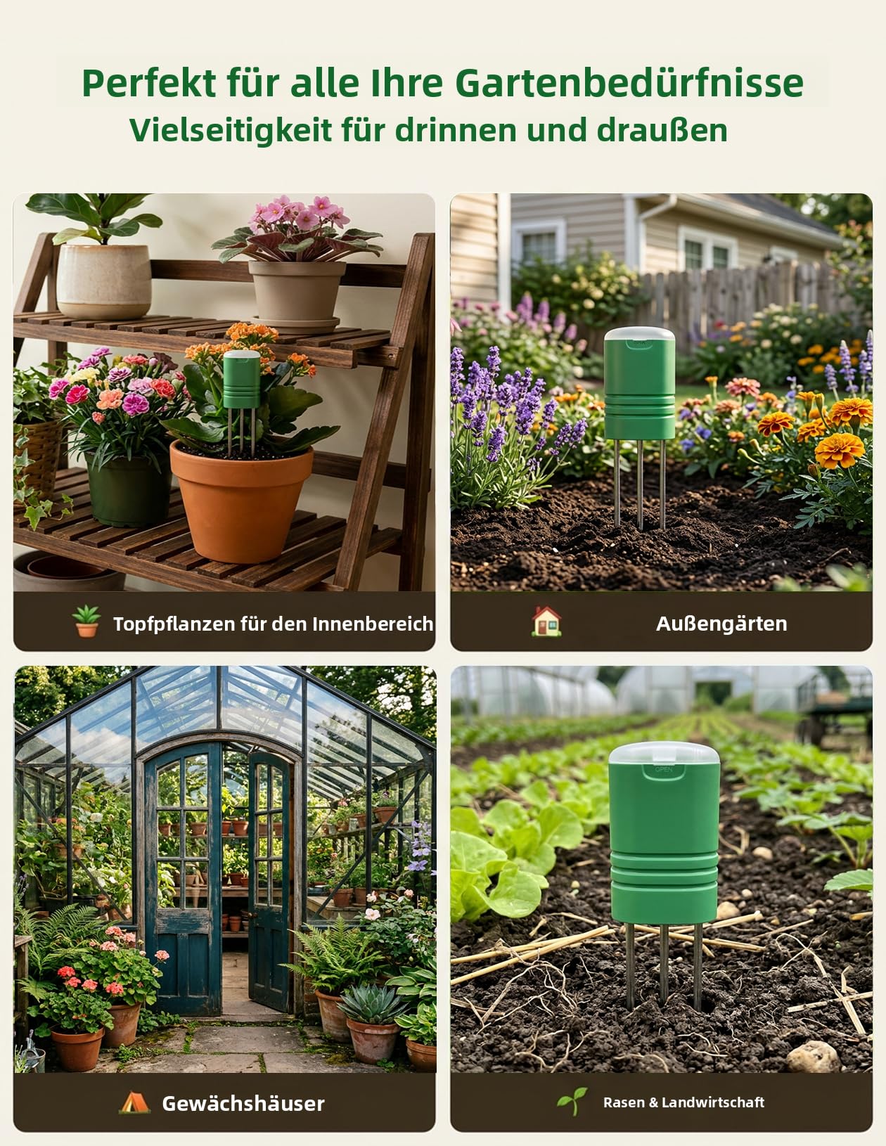Boden Feuchtigkeitsmesser für Pflanzen,Gartenboden Temperatur/Feuchtigkeit/Sonnenlicht/Zeit /4-in-1 Feuchtigkeitsmessgerät Pflanzen für Gartenarbeit,Rasen (1 Monitor + 4 Sensoren)