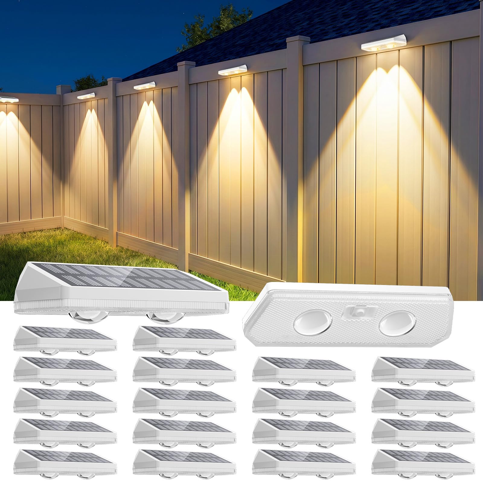 20 Pack Solar Fence Lights Outdoor 3CCT &amp; RGB 13 Color Mode Fence Lights Solar Powered with Ultra-Bright Lens IP65 Waterproof,Solar Wall Light for Backyard/Step/Patio/Deck/Stair/Railings(White)