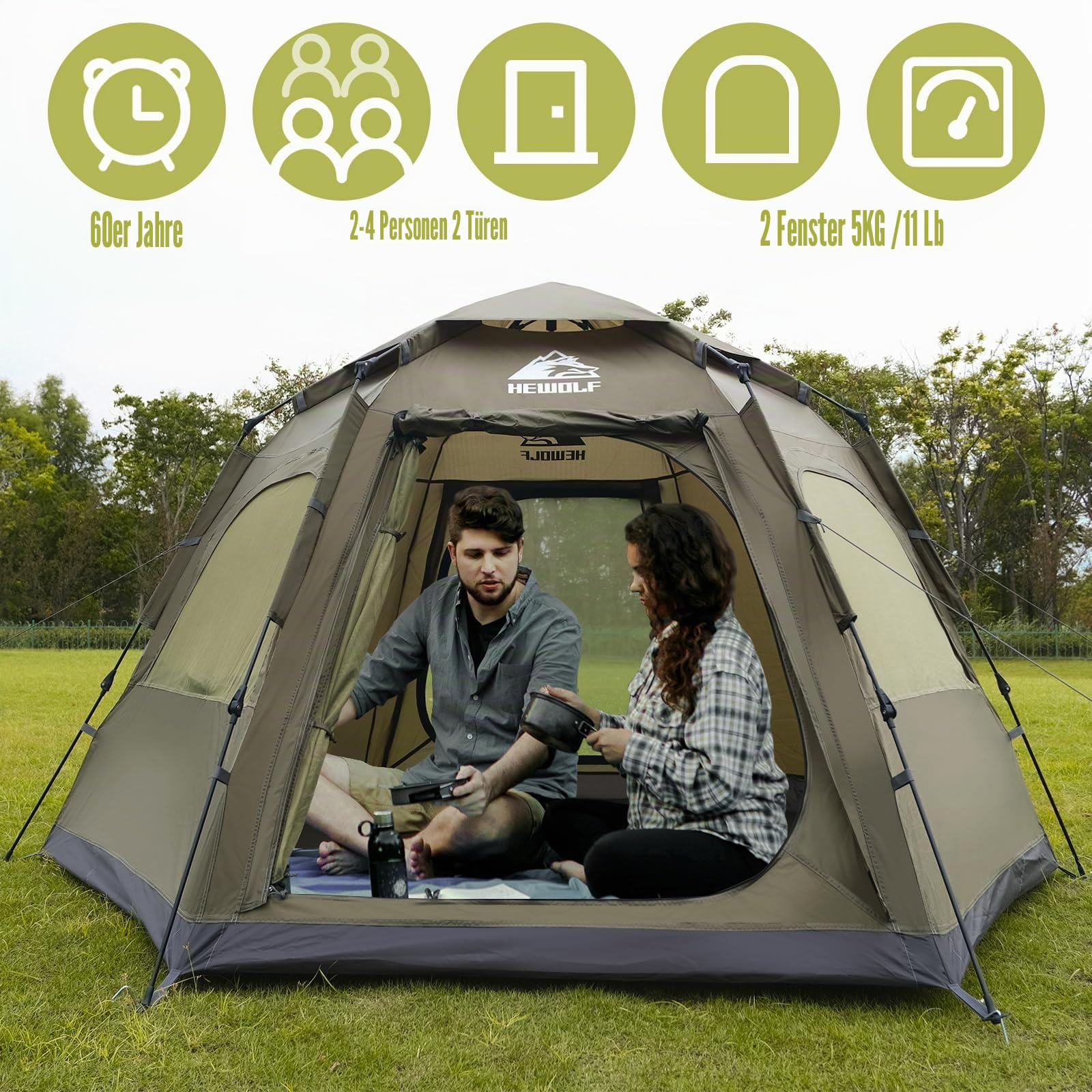 Hewolf Campingzelt für 2/3/4 Personen – sofortiges Pop-Up-Zelt mit 2 Türen, mit einfachem Aufbau, sechseckiges Kuppeldesign für Familie, Wandern und Reisen (grün) Sport & Freizeit