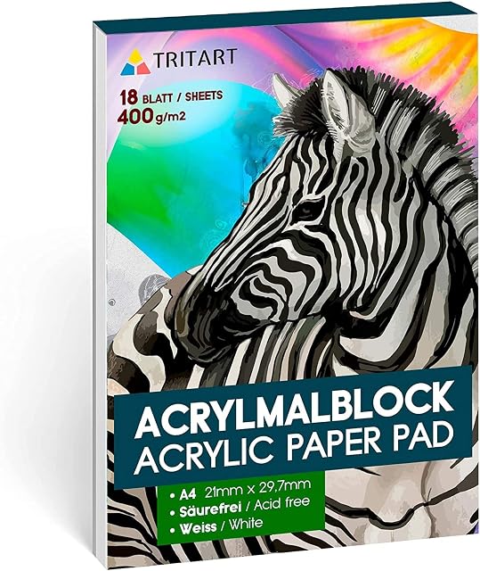 TRITART Acrylic Paper for Painting A4 400g/m²- Acrylic Paint Paper for Acrylic Colours & Oil Painting - 18 White Sheets - Acid Free Acrylic Paint Pad - Heavy Duty Painting Paper