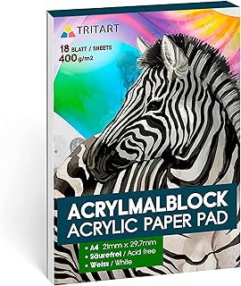 TRITART Acrylic Paper for Painting A4 400g/m²- Acrylic Paint Paper for Acrylic Colours & Oil Painting - 18 White Sheets - Acid Free Acrylic Paint Pad - Heavy Duty Painting Paper