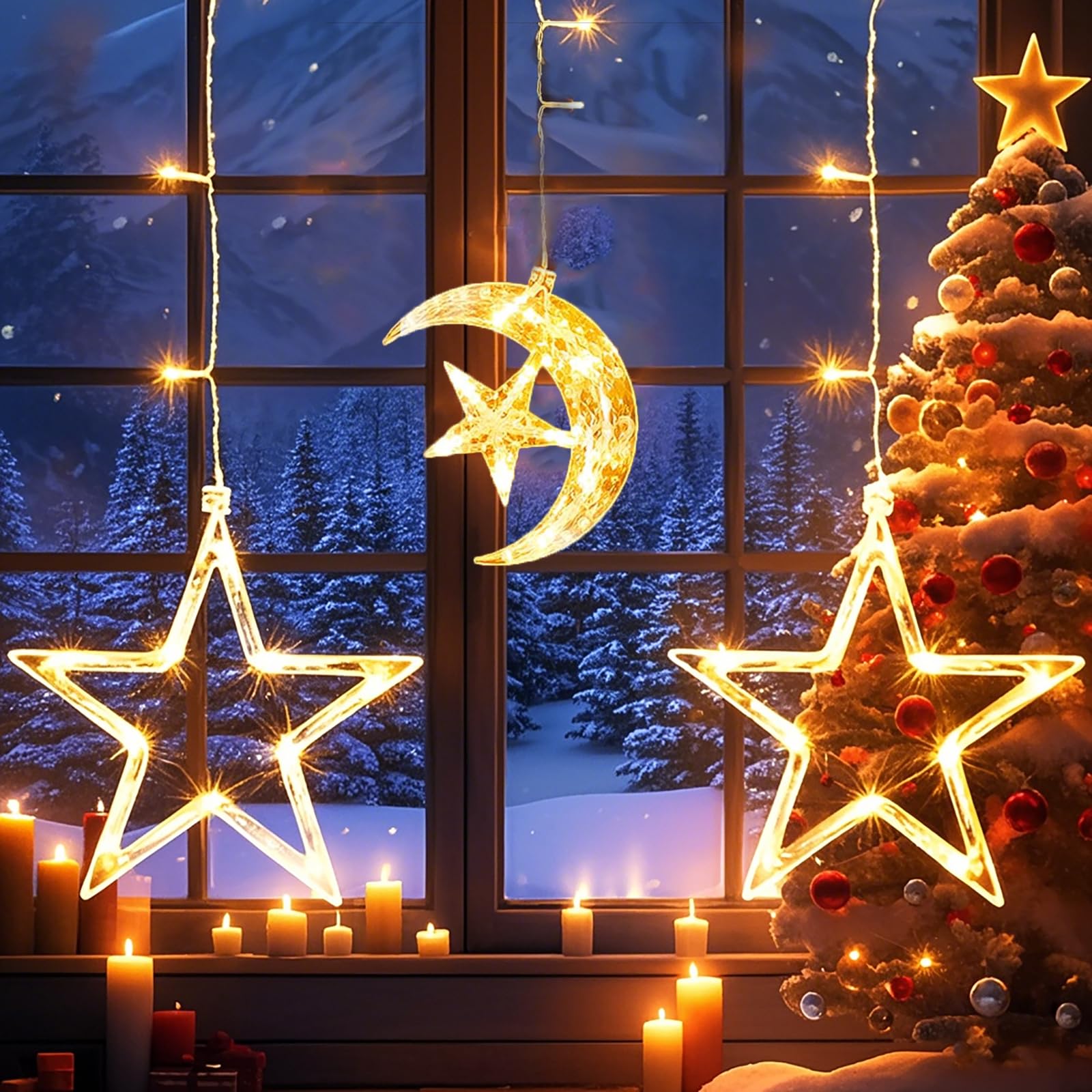 Cortina De Luces LED Navideñas - Estrellas Blancas Cálidas - Cadena De Hada Para Ventana - Interior Y Exterior - Ambiente Mágico Para Navidad