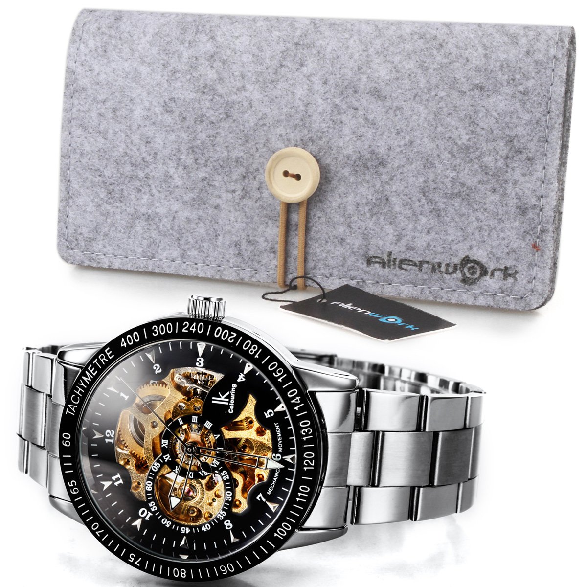 Alienwork IK Reloj Automático Hombre Mujer Plateado Pulsera de Metal Acero Negro Esqueleto Fondo de Vidrio