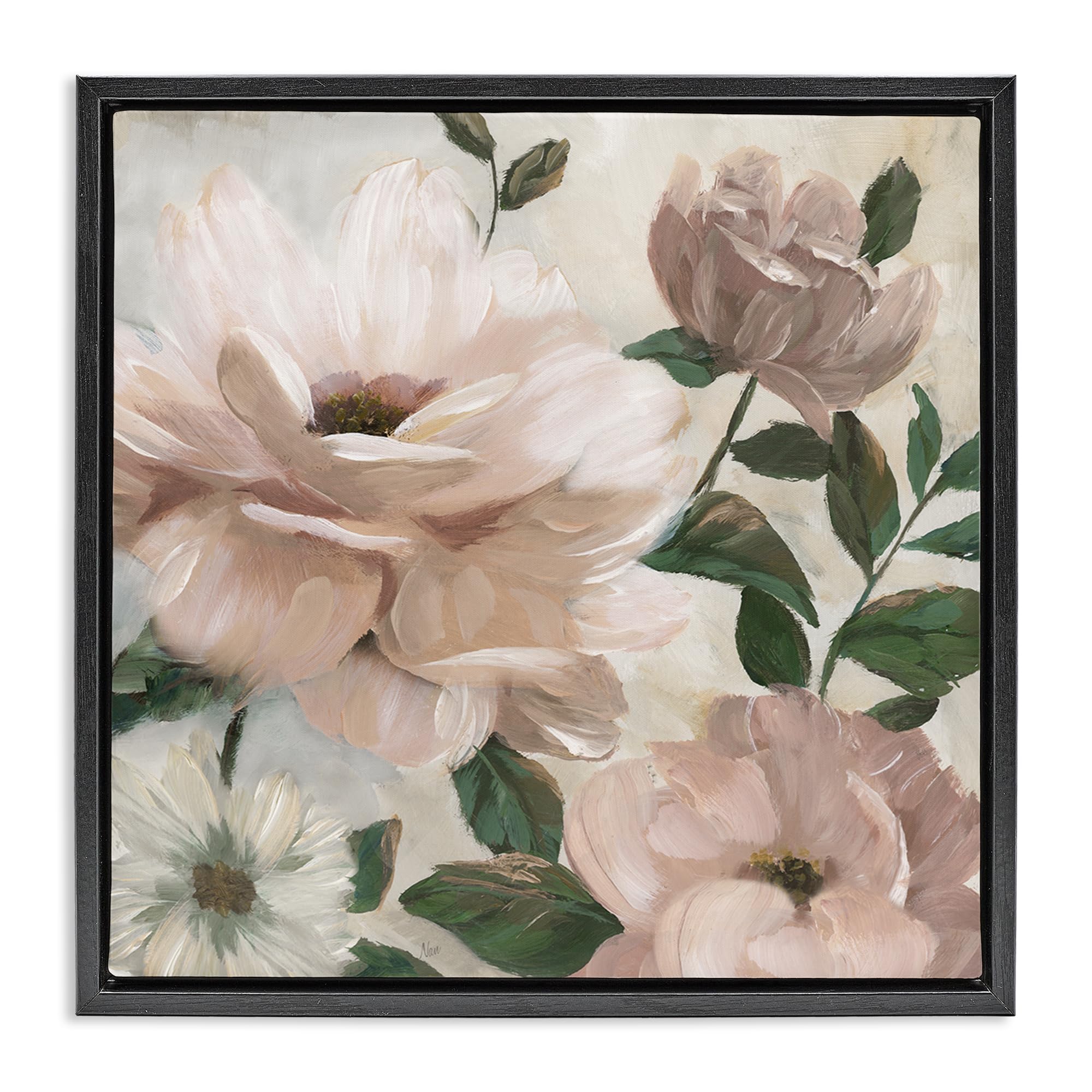 'Budding Blush Peonies & Leaves'| Floating Frame Canvas Art