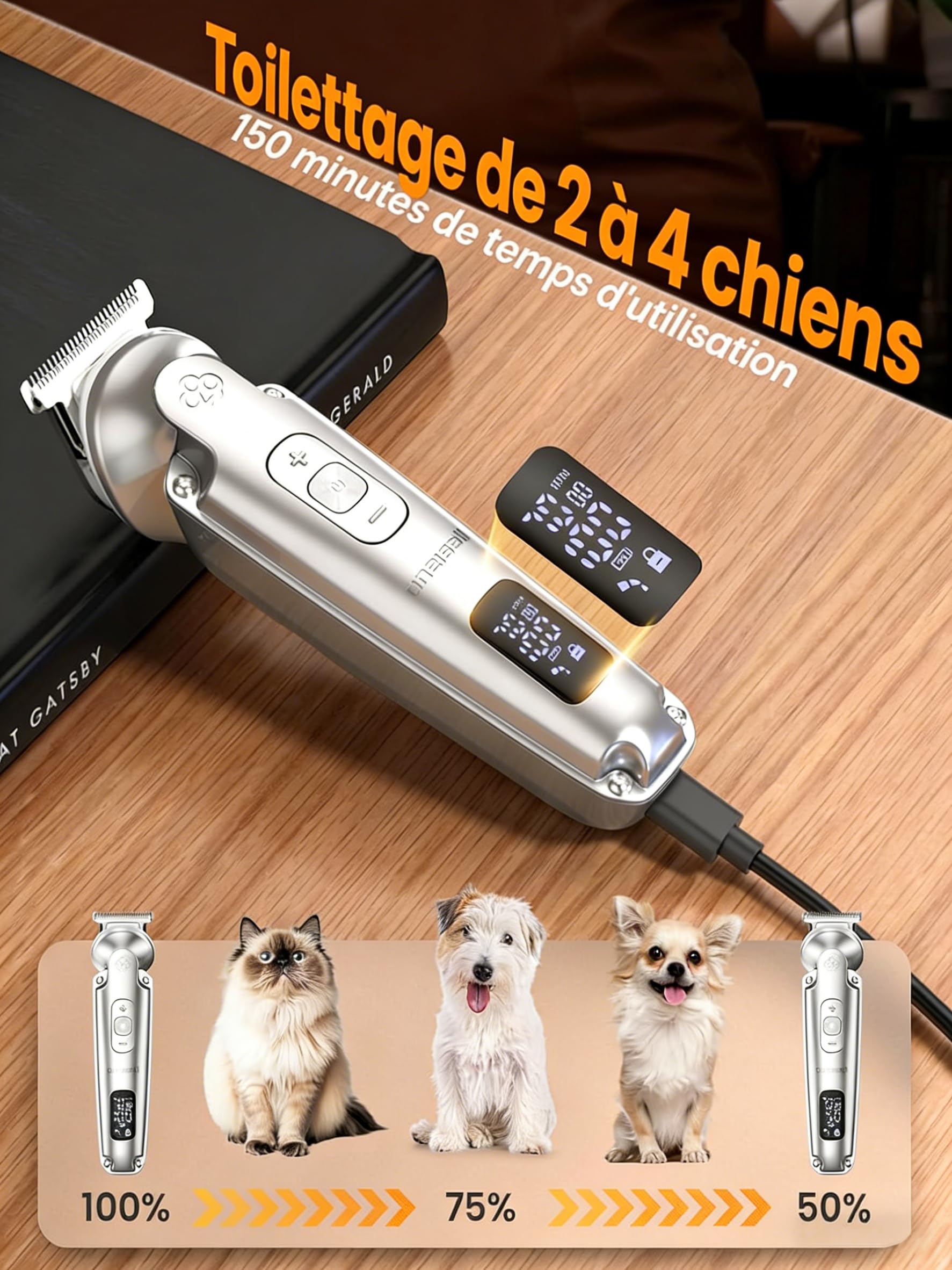 oneisall 4-en-1 Tondeuse pour Chien Chat Professionnelle Sans Fil pour Animaux, Tondeuse à Poil Long Epais avec Affichage, Toilettage Rechargeable 2000mAh, Rasoir pour Chien et Pattes (Argenté)