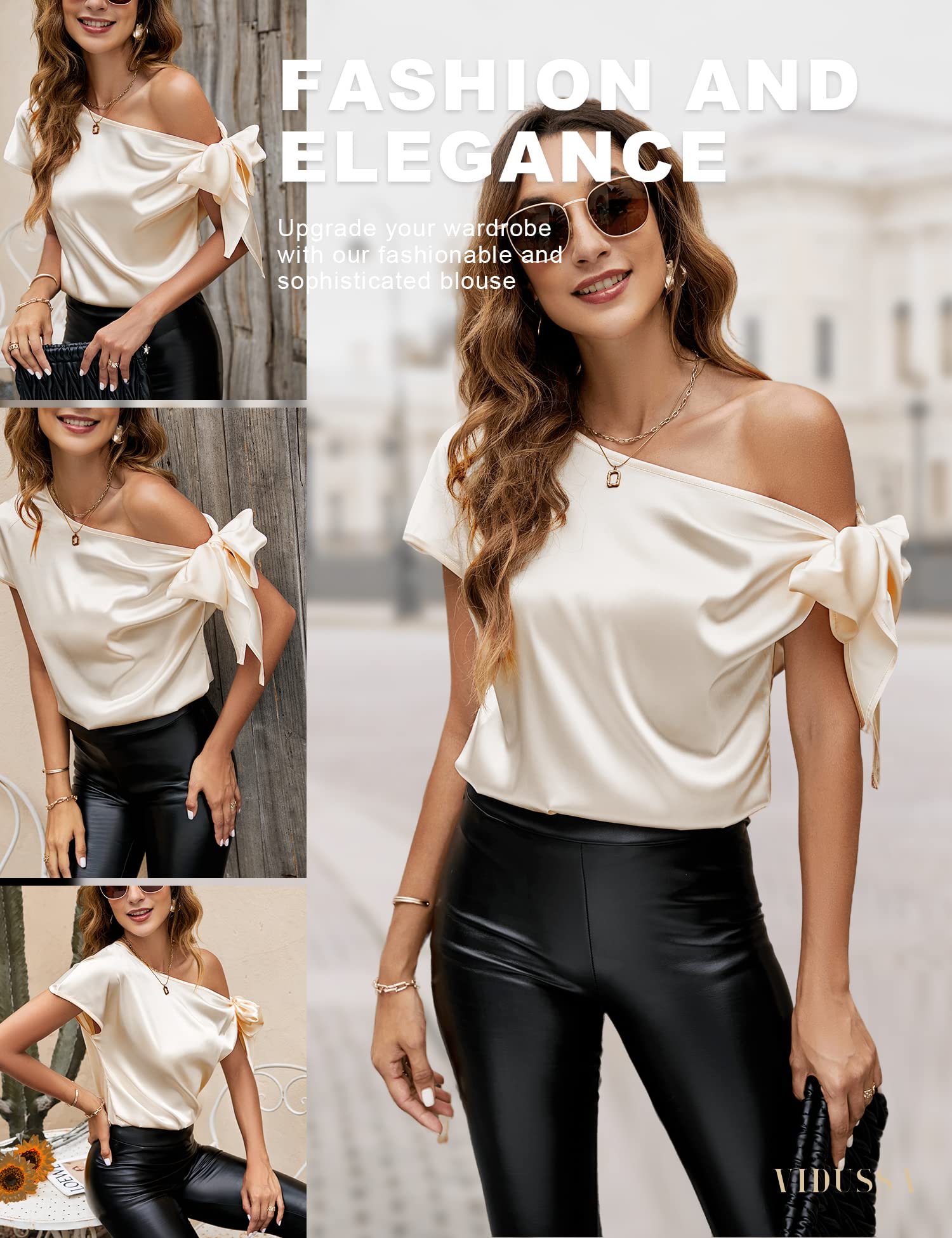 VIDUSSA Women's Off Shoulder Silk Tops Casual Short Sleeve Asymmetrical Neck Satin Blouse Shirts