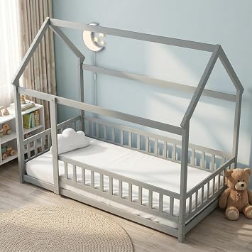 Twin Montessori Floor Bed, White Wooden Canopy Bed,Grey