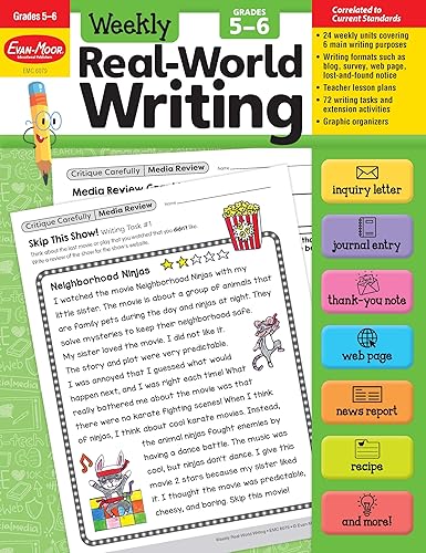 Evan-Moor Weekly Real-World Writing, Grades 5-6 Homeschooling &amp; Classroom Resource, Reproducible Worksheets, Trait-based, Letters, Emails, Advertisements, Web Page, Journal, Hands-on Activities