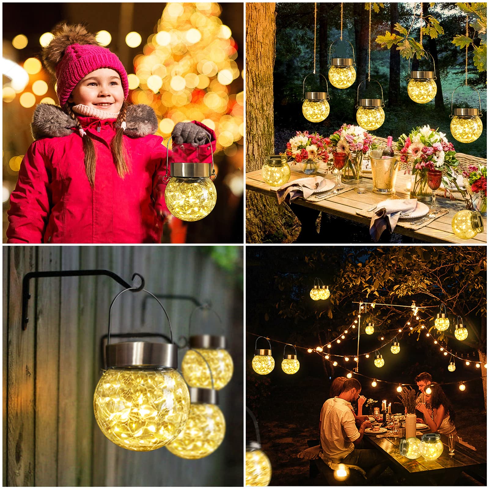 8 Luci Solari Da Esterno A Sospensione - Globo In Vetro Incrinato Bianco Caldo Con Pannello Solare, Impermeabili Per Giardino E Albero