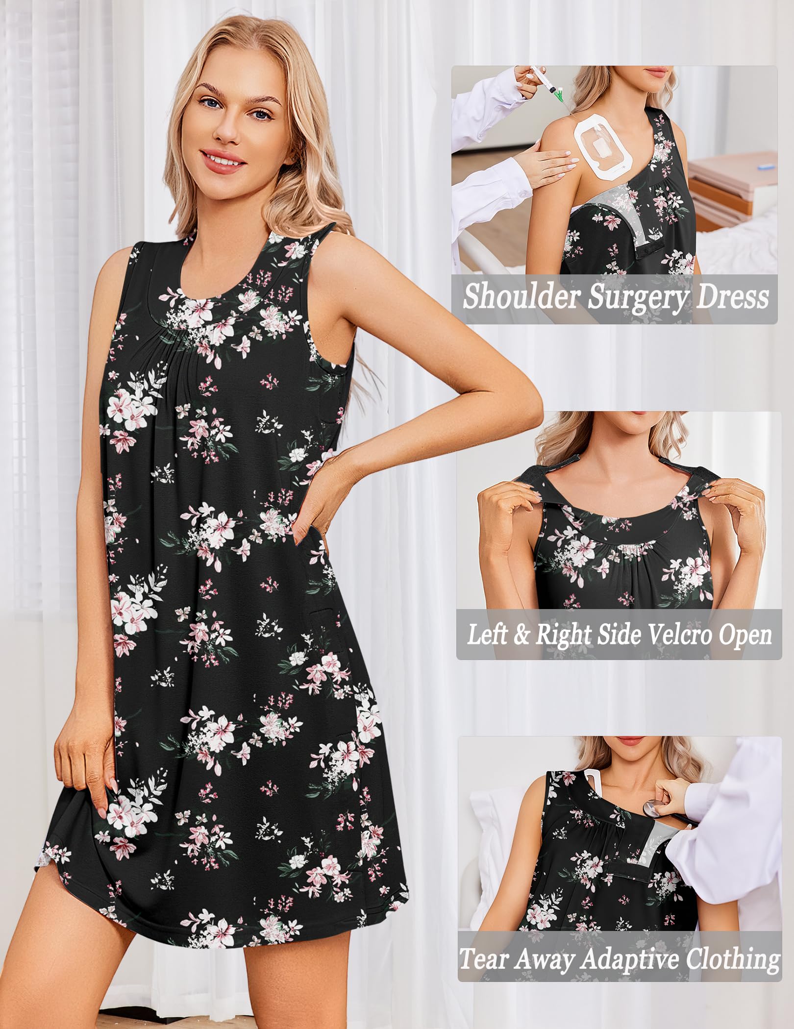 Deyeek Damen-Kleid, nach der Schulter, zum Abreißen, ärmellos, vollständig offen, Krankenhaus-Kleid, Chemo-Anschluss, anpassungsfähige Kleidung
