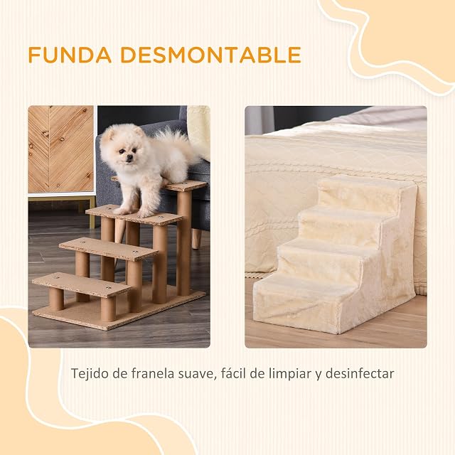 Foto 4 de 8 de PawHut Escalera para Perros de 4 Peldaños Cama Sofá 60x35x44 cm Beige