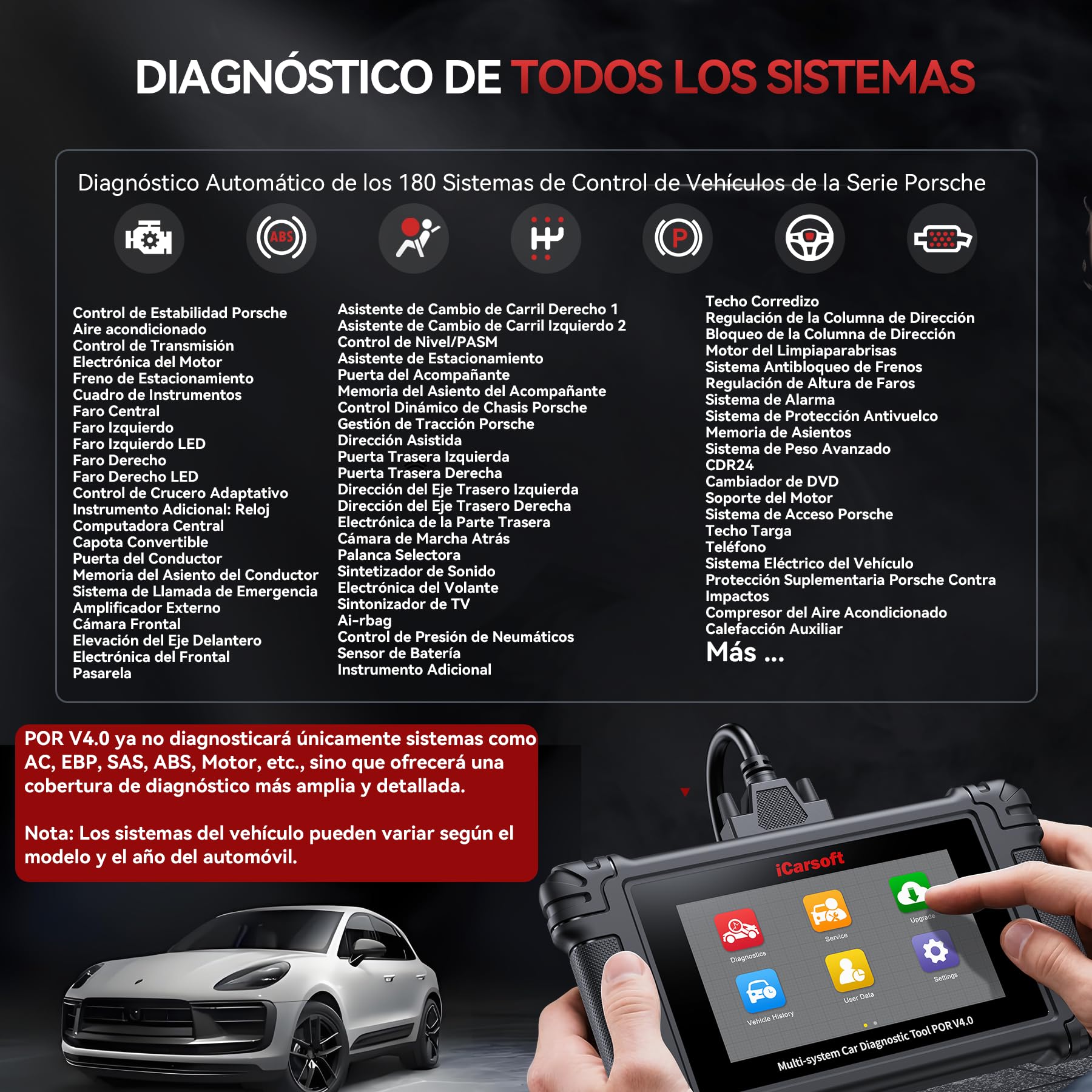 iCarsoft por V4.0 Herramienta de Diagnóstico para Porsche +2 Marcas de Vehículos Extra, Escáner OBD2 con Prueba Bidireccional/26 Servicios (177 Subservicios) +66 Servicios Extra, Registro de Batería