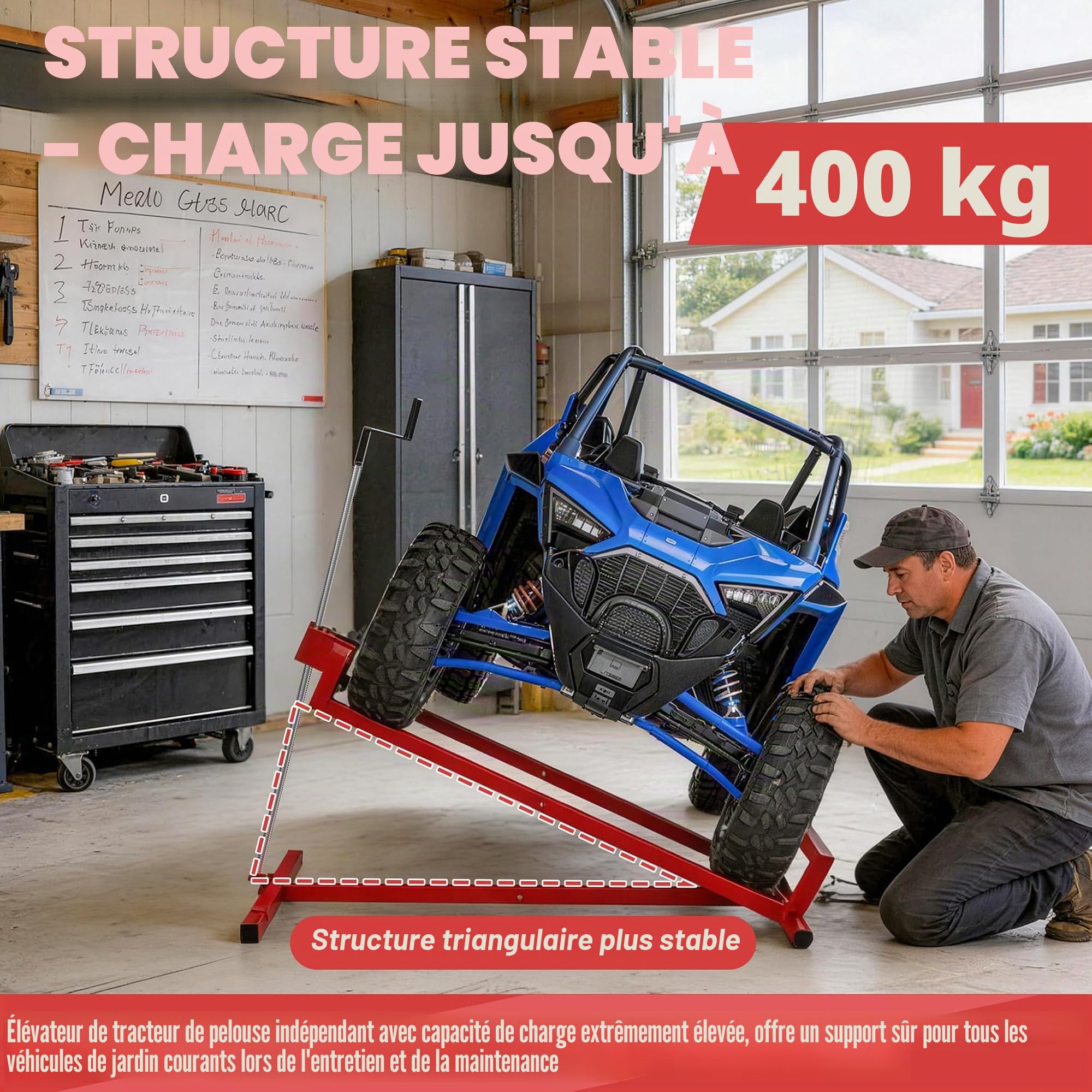 Dispositif de levage, élévateur pour tondeuse, élévateur d'entretien, élévateur télescopique, pour tondeuse, tracteurs de jardin, rouge, charge jusqu'à 400 kg