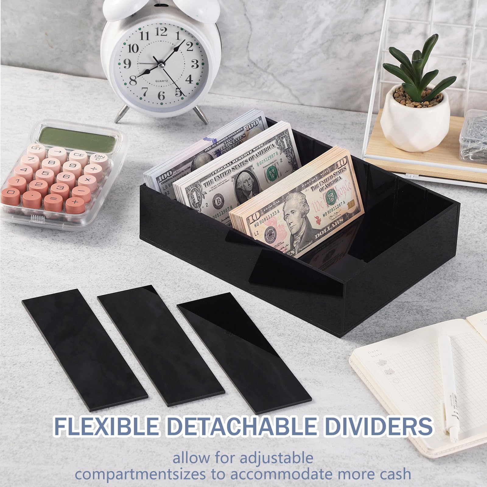 WHJY Set di 2 cassetti per contanti in acrilico nero, 8 scomparti, con divisori staccabili, multi-griglia, organizer per banconote, negozi e uffici