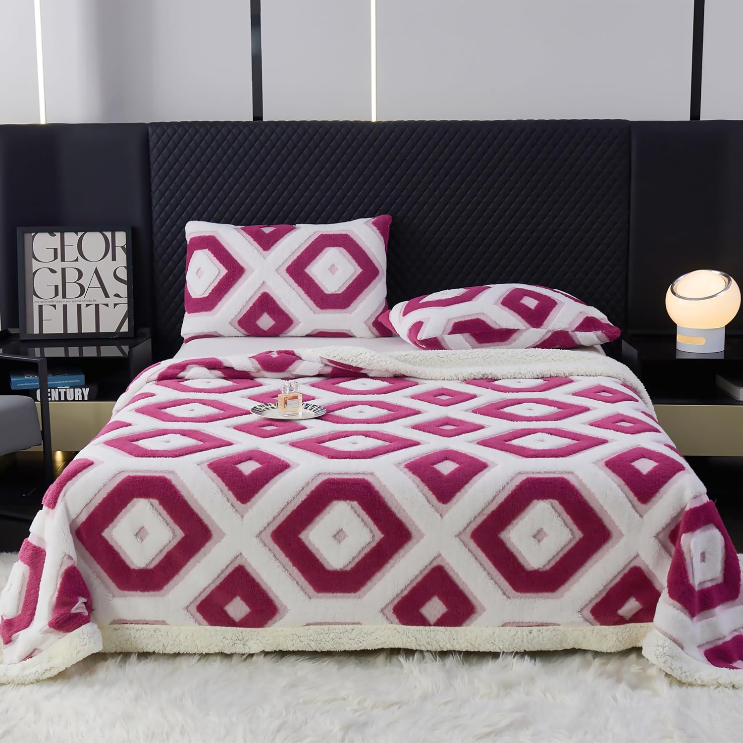 LEVINIS Boho Sherpa Fleece Blanket 80'' × 90'', Ultra Soft Aztec Queen Blanket for All Season, Cozy, Plush, Bohemian Throw Blankets for Bed/Couch/Sofa/Office/Camping, Rose Red