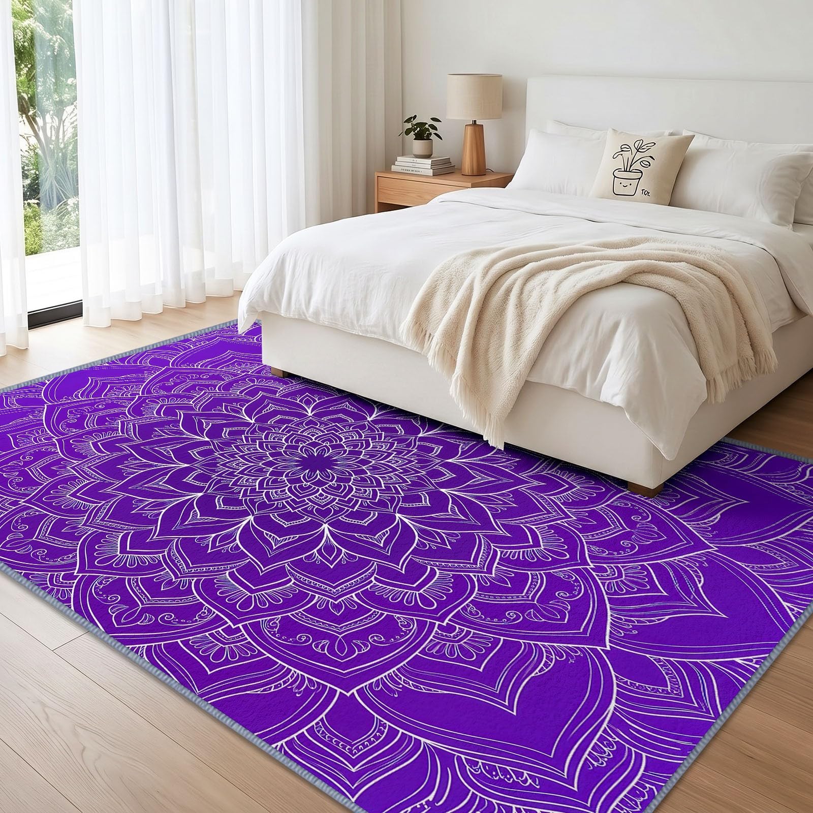 Bohemian Wohnzimmer Teppich 100 x 160 cm, Waschmaschine Geometrisches Blumenmuster Lila Mandala Schlafzimmer Weicher rutschfest Design Teppiche für Küche Esszimmer Büro Bereich Dekor