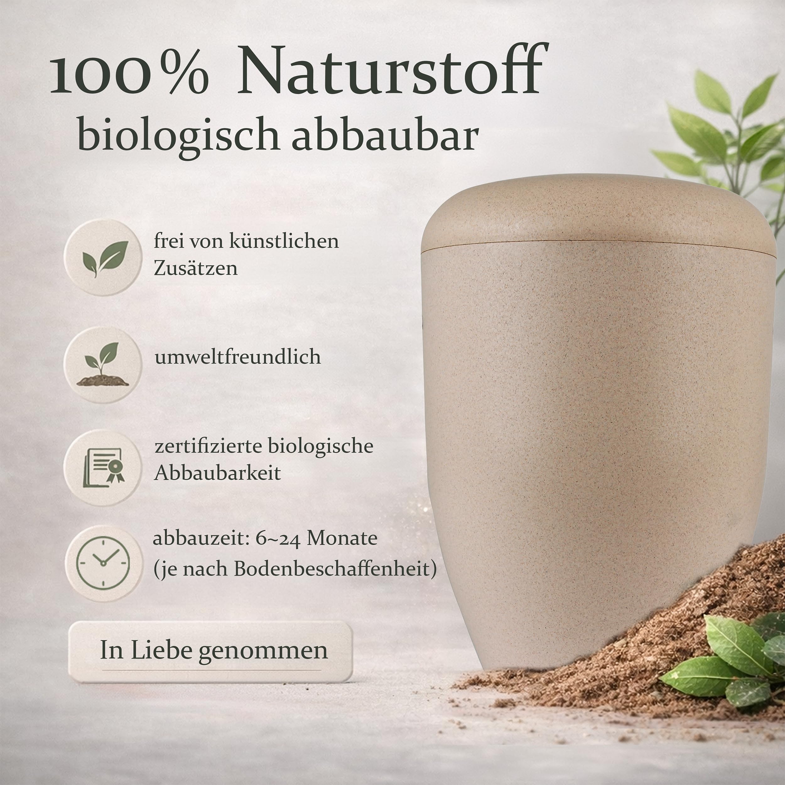 VELORA Bio Urne in Beige - Urnen für Menschen Asche zur ökologischen Bestattung - EIN würdevoller Abschied des Verstorbenen - Eine Beerdigung symbolisiert die Wiedergeburt in Form des Lebensbaums