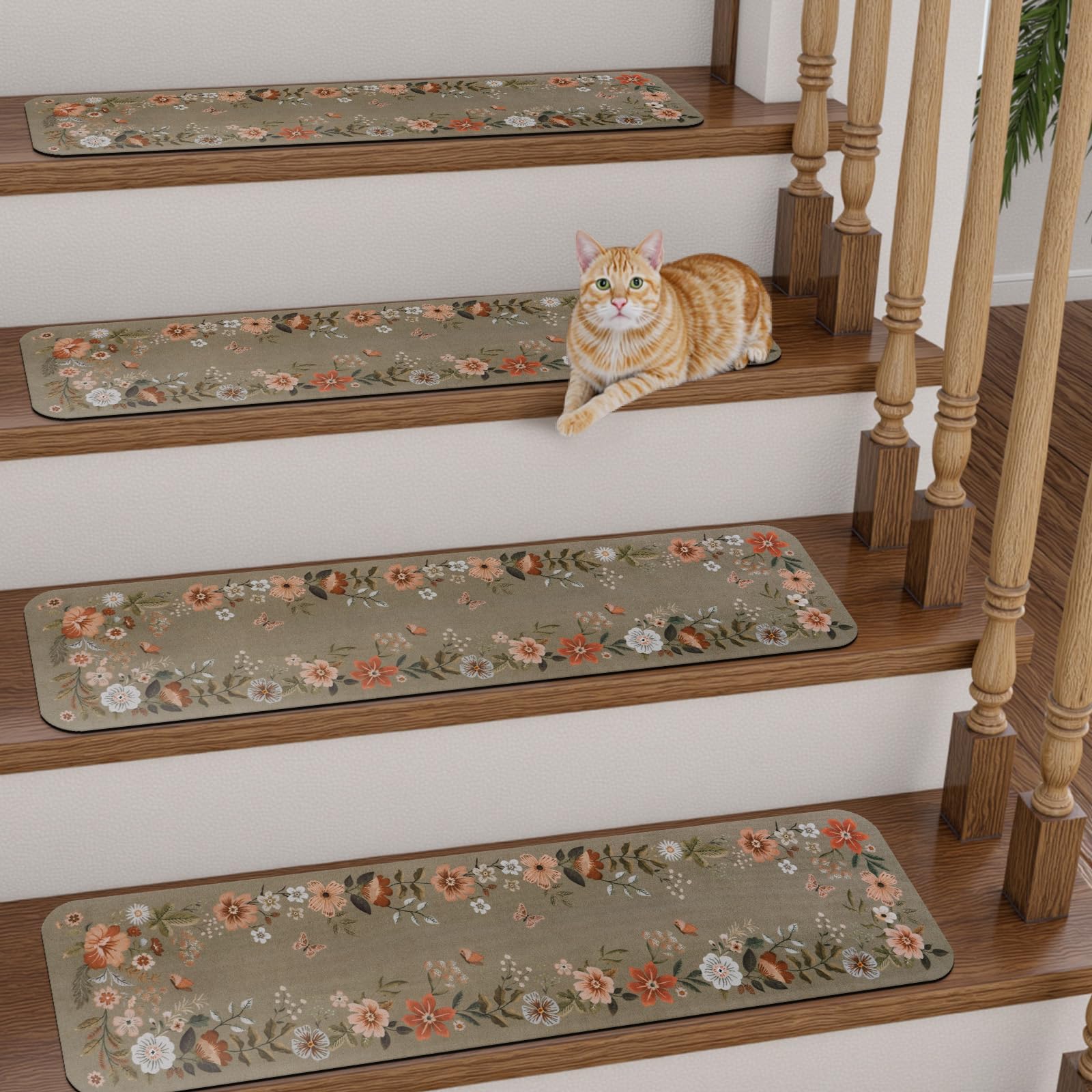 OJIA Floral Stair Treads Non-Slip Stair Runners for Wooden Steps Indoor 15PCS 30"x8" Carpet Stair Treads Mats Staircase Step Treads for Kids, Elders