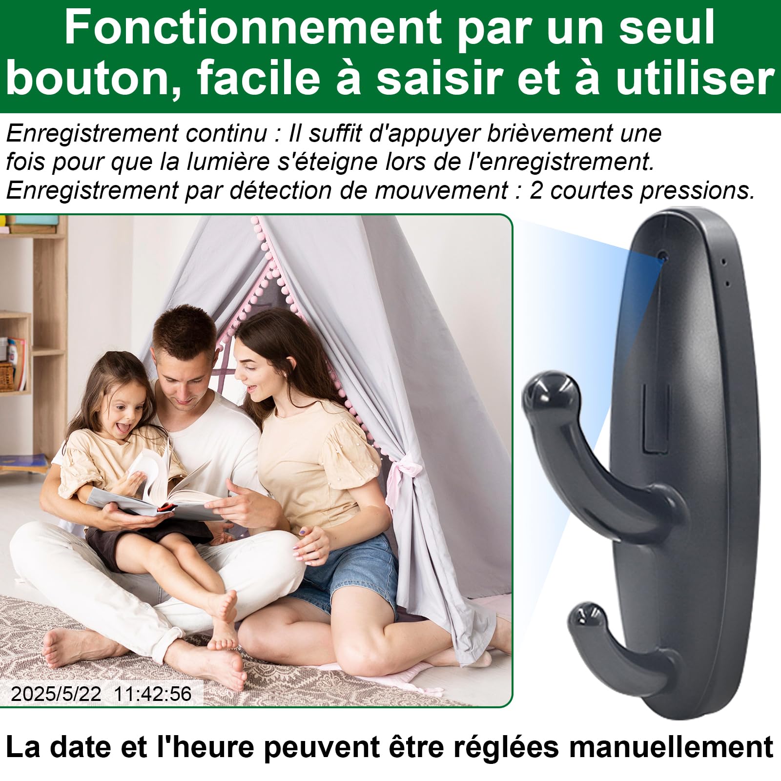 Caméra Cachée Murale HD 1080P, Mini Caméra Espion Cachée sans Internet, Camera Surveillance Interieur sans fil avec Détection de Mouvement,Enregistrement, Durée 120 minutes Pour bebe,interieur etc.