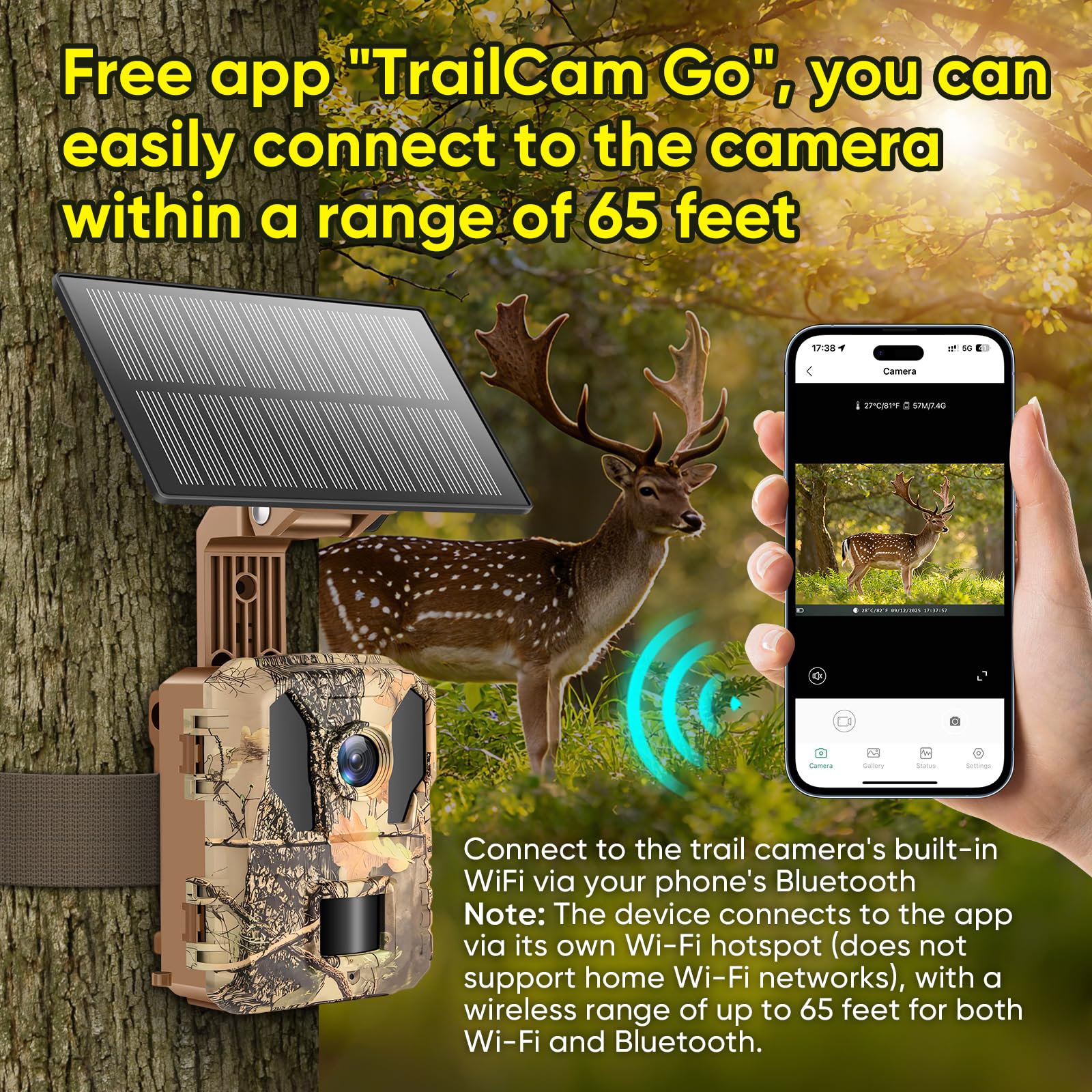 MYPIN Cámara de Caza 4K 64MP Solar con WiFi, Visión Nocturna, Batería 5000mAh Incorporada, IP66 Resistente al Agua, Activación por Movimiento, Incluye Tarjeta de Memoria de 64GB