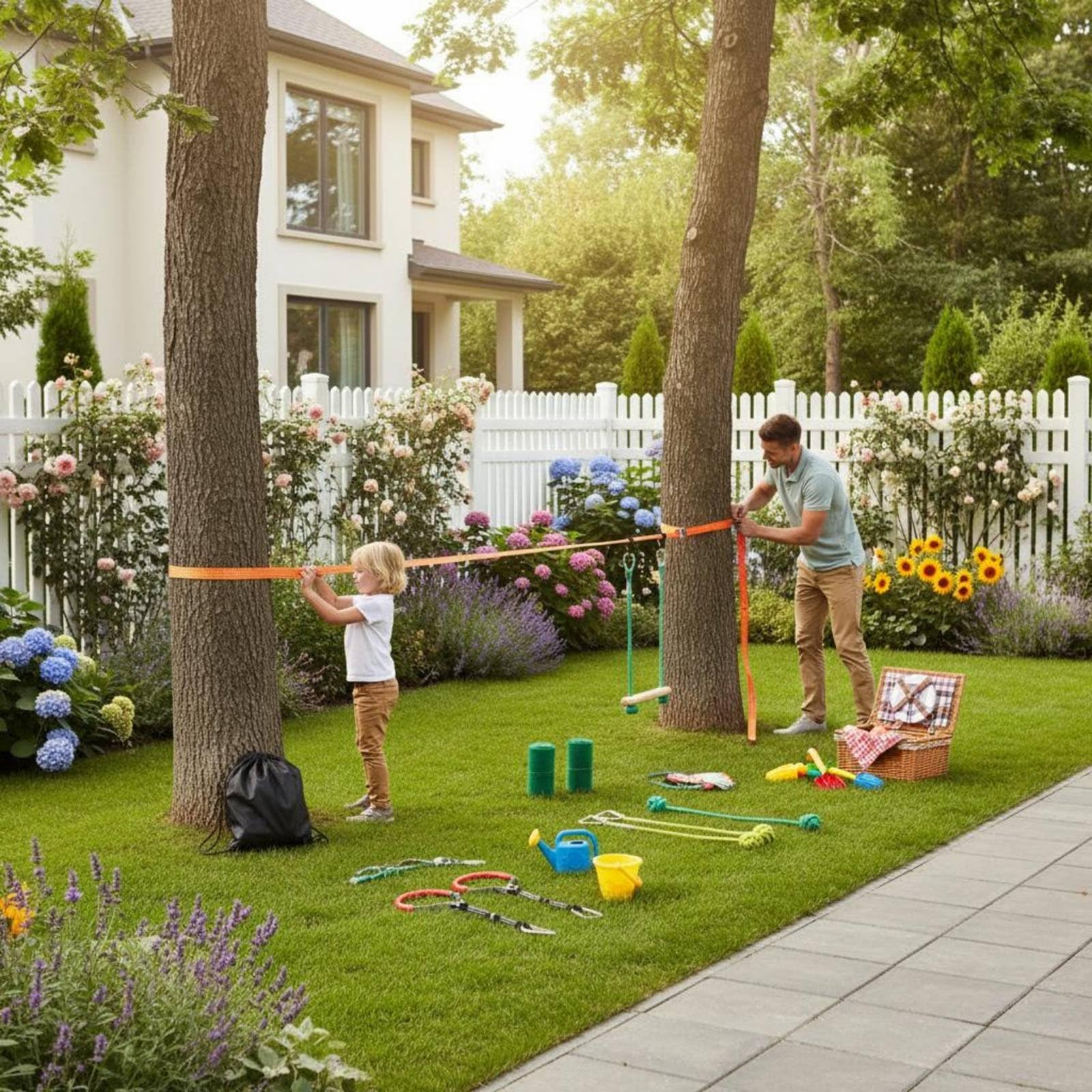 Children Balance Balance Kletterparcours Slackline Trainingsausrüstung Spielset mit Gymringen Kletterseilen Holztraversen Und Baum­Schutz aus