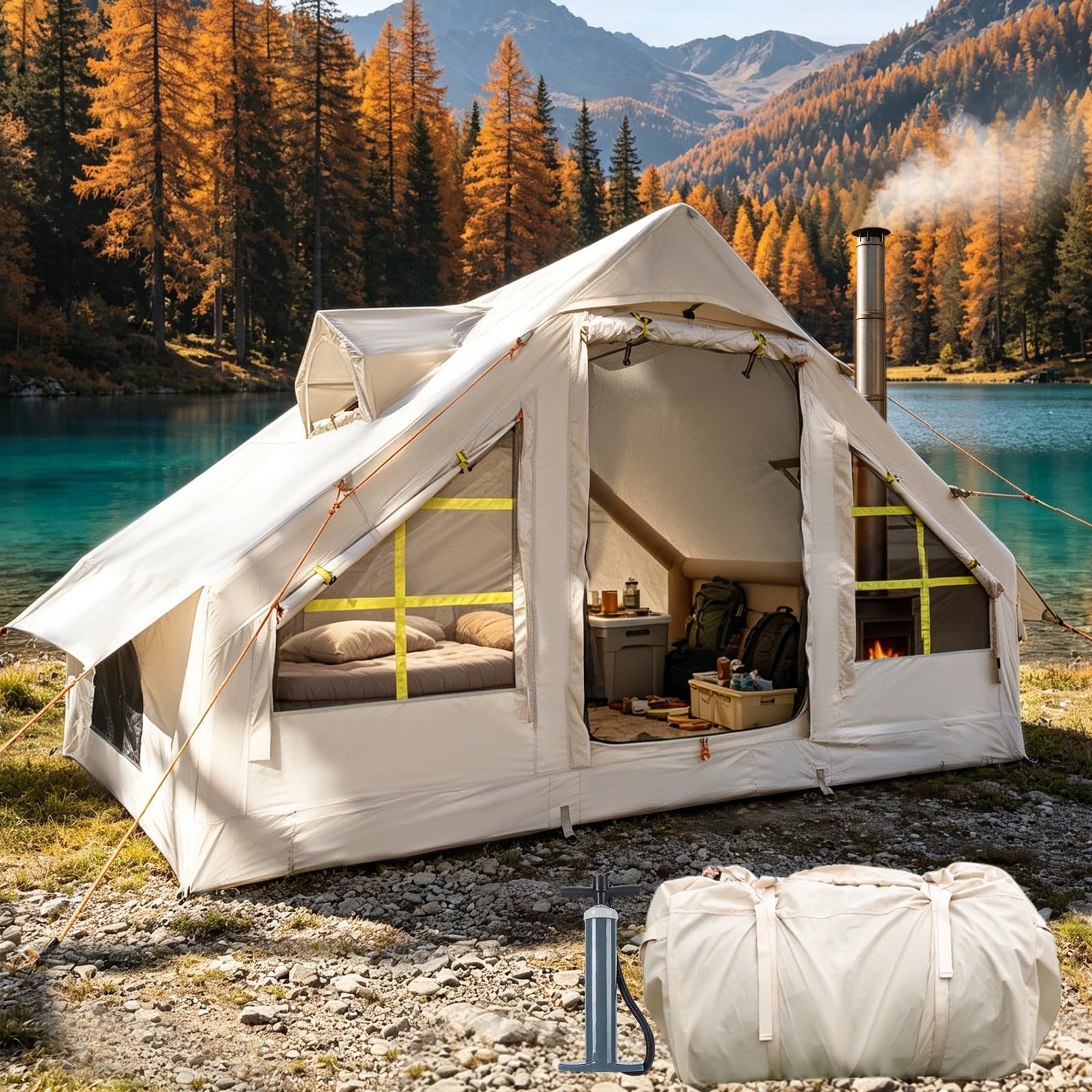 Inflatable Camping Tent 2/4/6 Person, Fast 5-Min Inflate with Hand Pump, Waterproof UV Resistant PVC Blow Up Glamping Tent with Special Shaped Rainproof Breathable Window for Family Weekend Trip