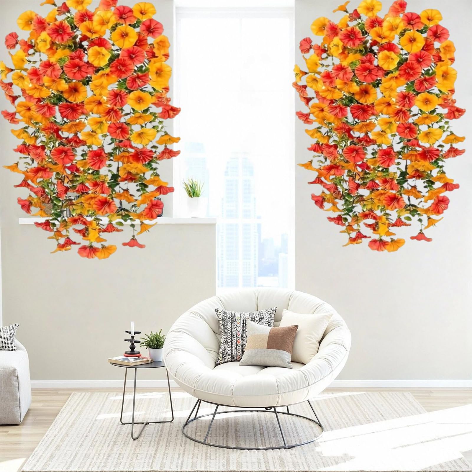 BSITSSS 2 Stück Kunstblume Hängend, 50cm Kunstblumen Hängend aus PVC, Orange Morning Glory Pflanzen Hängepflanze Hängeblumen Künstlich Kunstpflanzen Blumen für Balkon Garten Künstliche Pflanzen