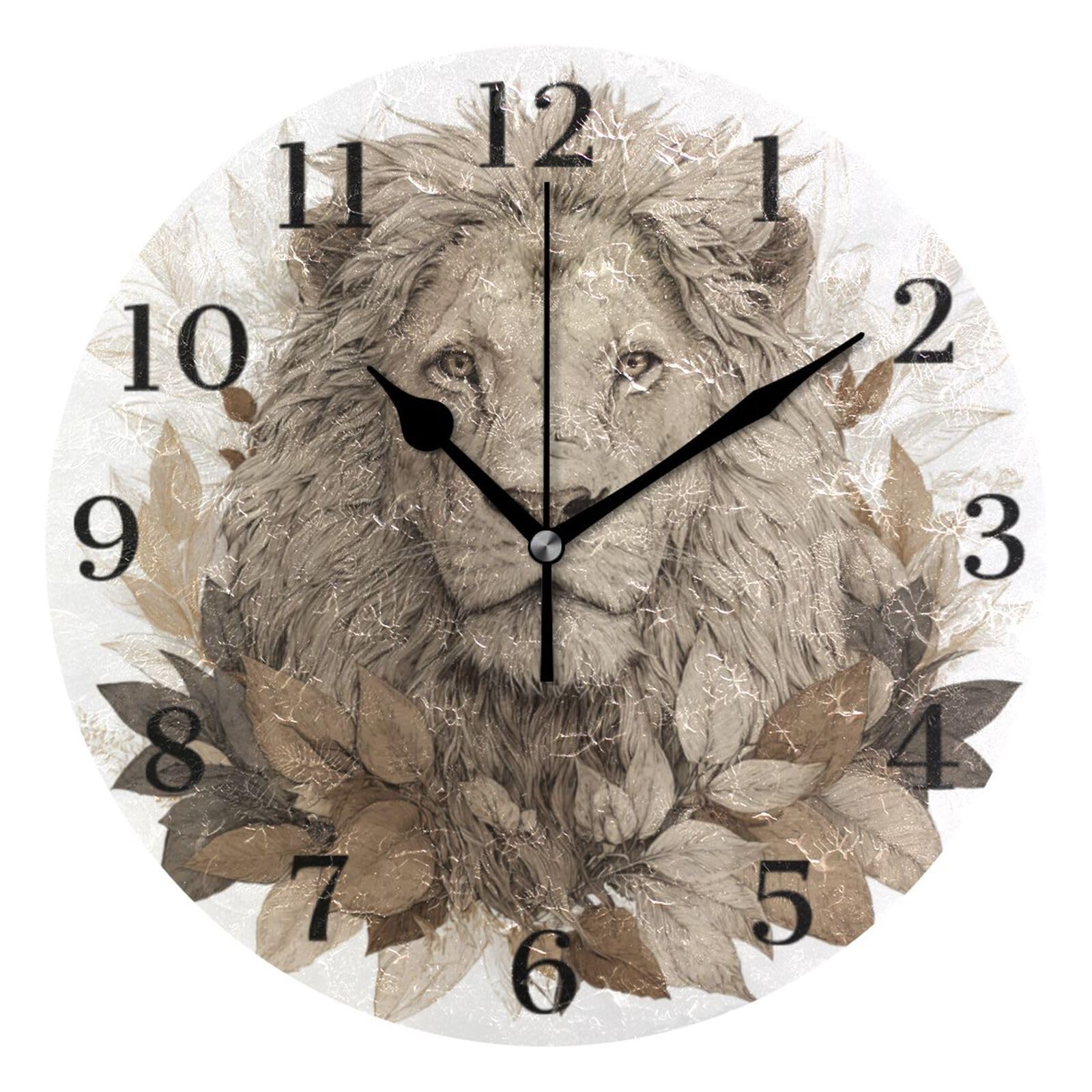Ensound Lion with Long Mane Wall Clock Silent Non-Ticking Battery Operated Clocks 12 Inch for Kitchen Home Living Room
