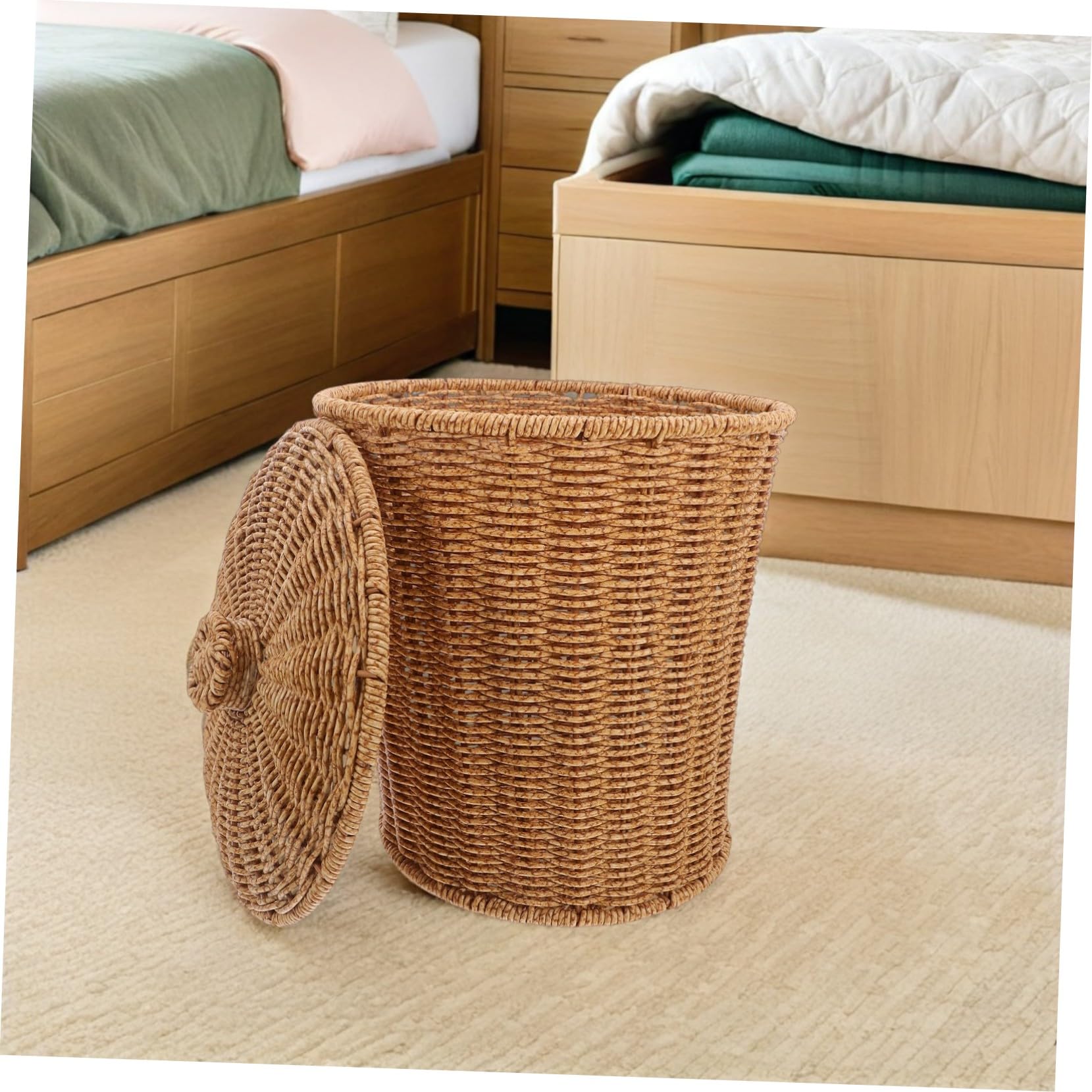 Cabilock Cesta Diseño Elegante y Apilable Tejida de Almacenamiento Solución Versátil con Tapa de Plástico y Hierro para Ropa y Objetos Domésticos