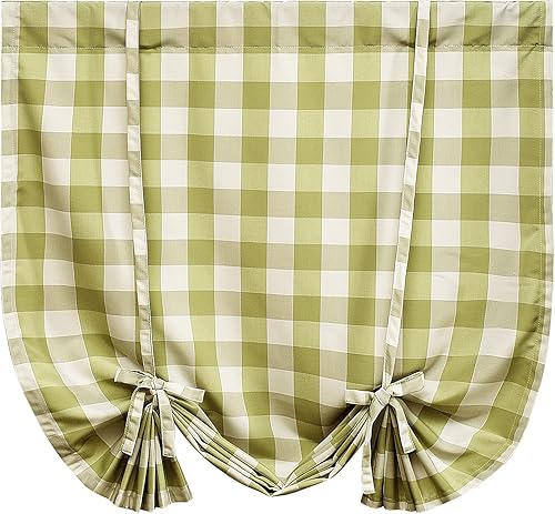 VOGOL Cortinas de amarre para baño, cortinas de amarre verdes y blancas para ventanas de cocina, bolsillo ajustable para barra de 63 pulgadas de
