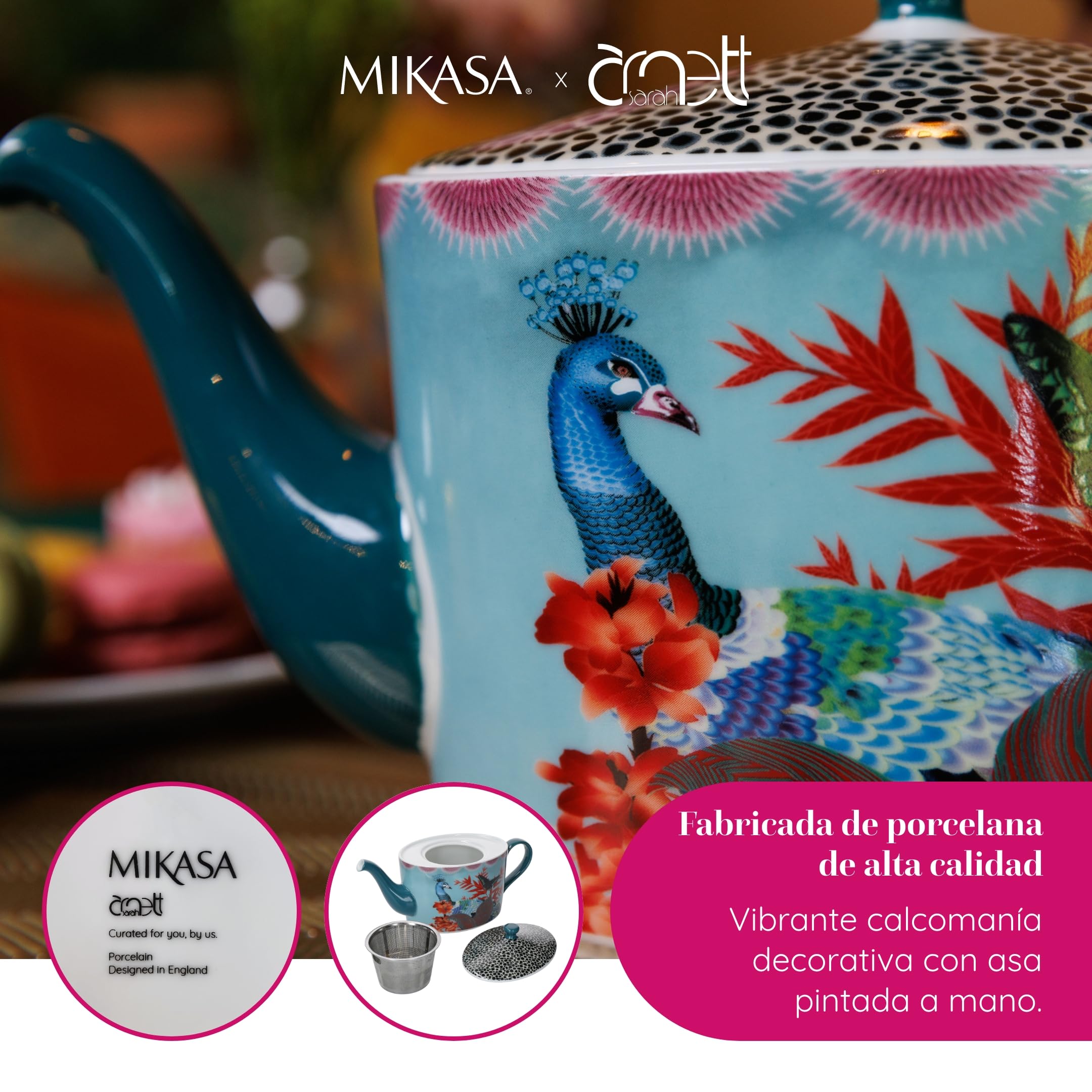 Mikasa x Sarah Arnett Tetera, Tetera de Porcelana con Tapa, Estampado Tropical para Entretenimiento, 1.1L - Caja de Regalo y Apta para Lavavajillas