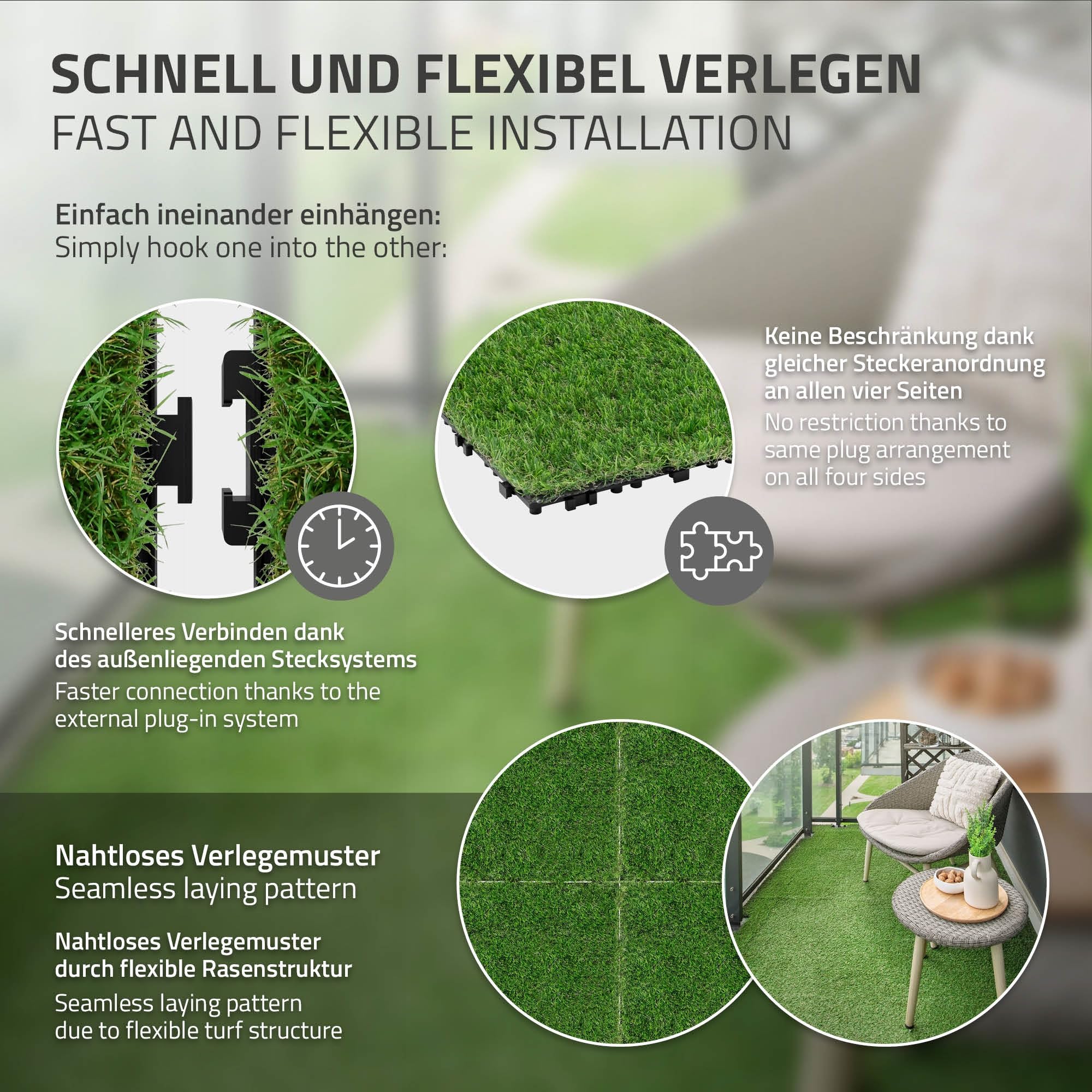 ML-Design Dalles Gazon Synthétique, 30x30 cm/44 pièces=4m², Clipsables avec Drainage, Pelouse Herbe Artificielle Revêtement de Sol à Cliquer Tapis Jardin Terrasse Extérieur Intérieur Résistant aux UV