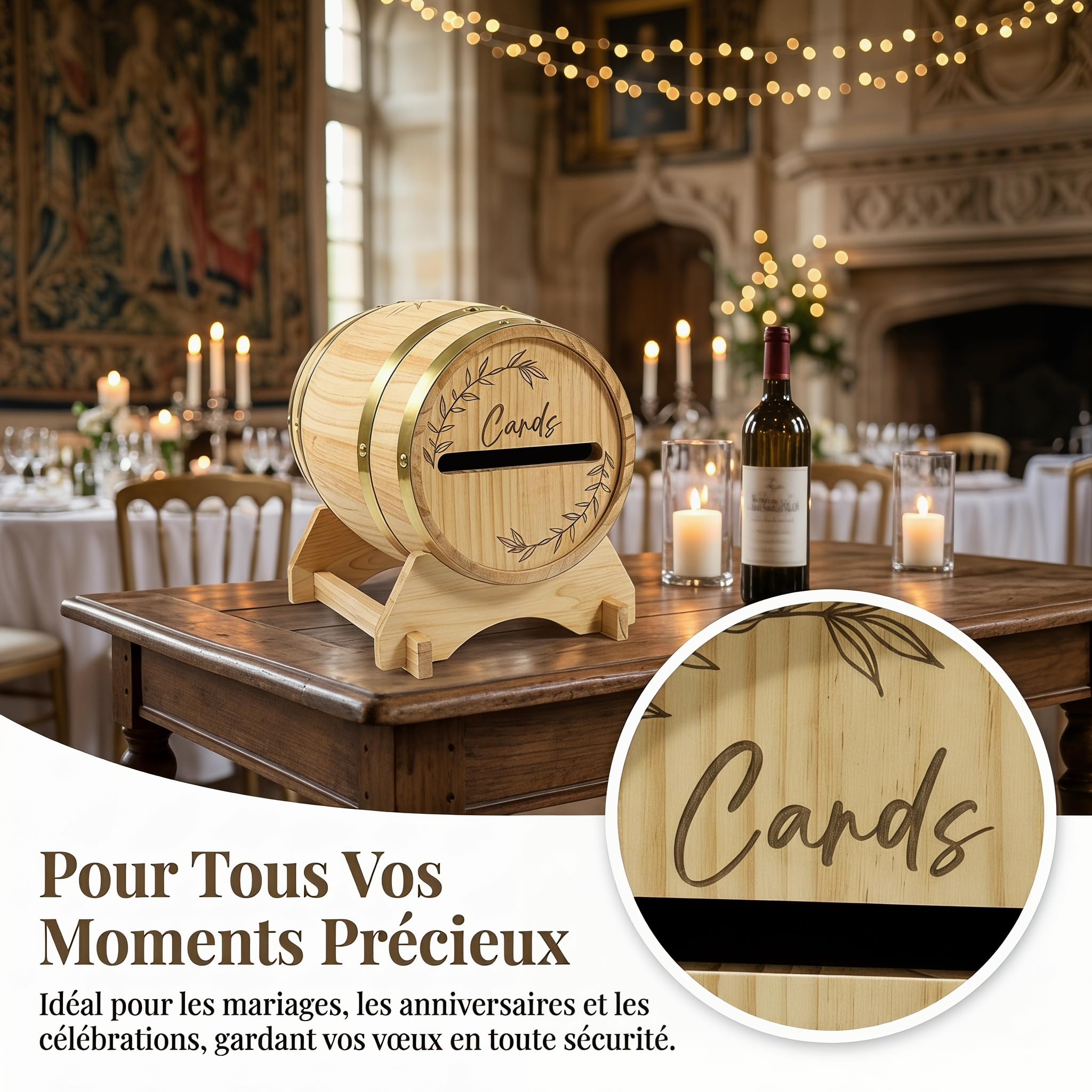 Urne de Mariage en Bois en Forme de Tonneau, Boîte Aux Lettres de Mariage, Boîte à Cartes de Mariage, Couvercle Amovible Boîte à Enveloppes Rustique d'événement pour Futurs Mariés, Anniversaire