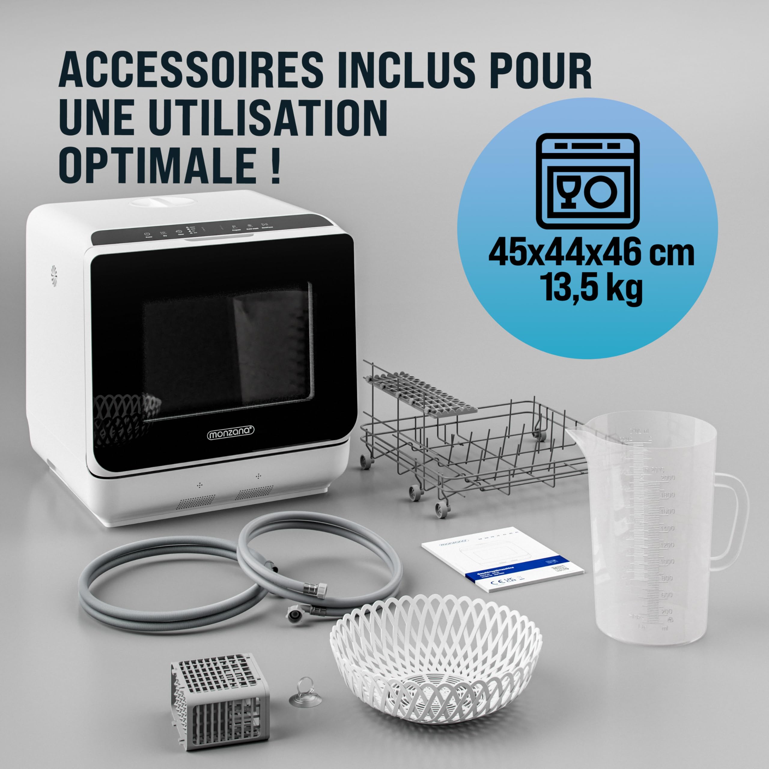 MONZANA® Mini lave-vaisselle Noir-blanc Réservoir d'eau 4,5L lave vaisselle de table 3 couverts App WIFI étudiants couples