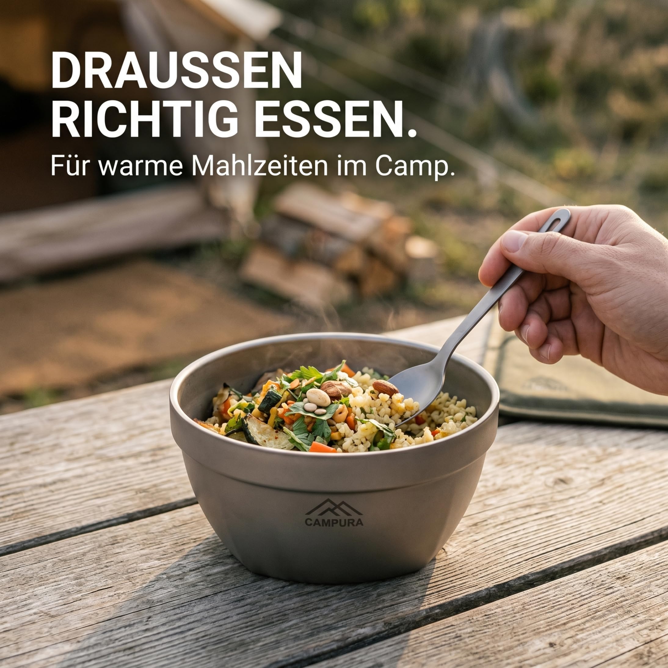 Titanschüssel 800 ml doppelwandig mit Transportbeutel, leichte Camping Schüssel aus Titan für Outdoor, Trekking, Bushcraft, Reise, Suppe, Reis und Müsli