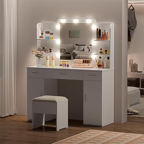 IdeaKey Tocador blanco con espejo y luces, juego de tocador grande de 45 pulgadas de ancho con espejo y taburete, mesa de maquillaje con 3 cajones y