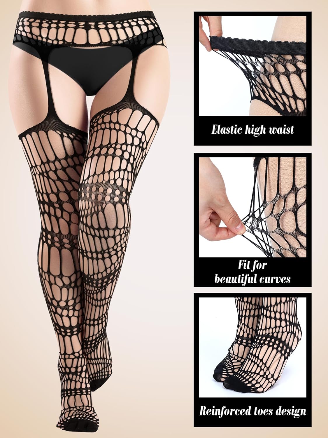3 Pairs Plus Size Women Fishnet Stockings Thigh High Stockings Suspender Pantyhose Lingerie Garter Belts Tights High Waist Lace Tights - Image 5