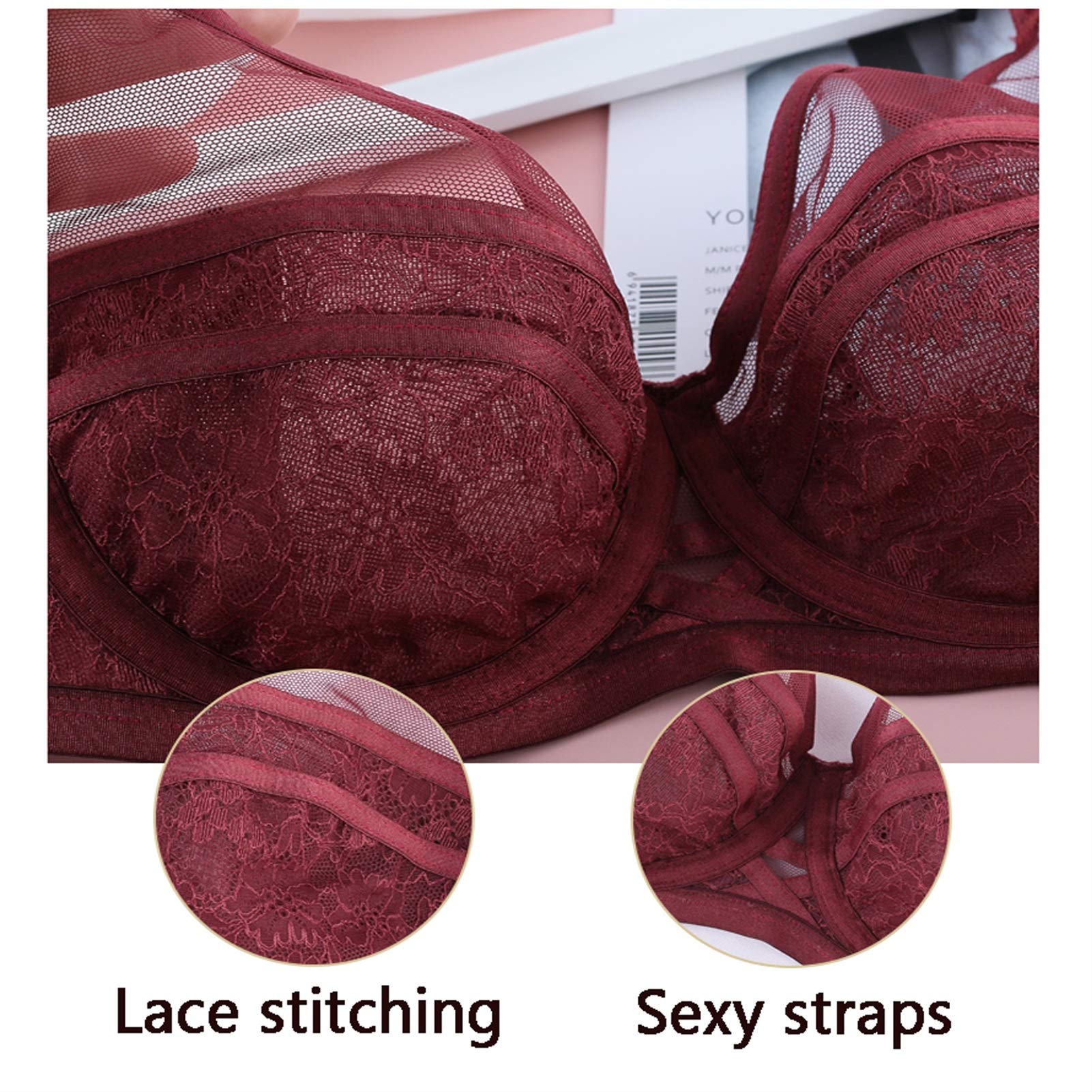 Conjunto de lencería sexy de 2 piezas para mujer, sujetador de encaje sin forro con aros de talla grande, sin relleno y bragas push up