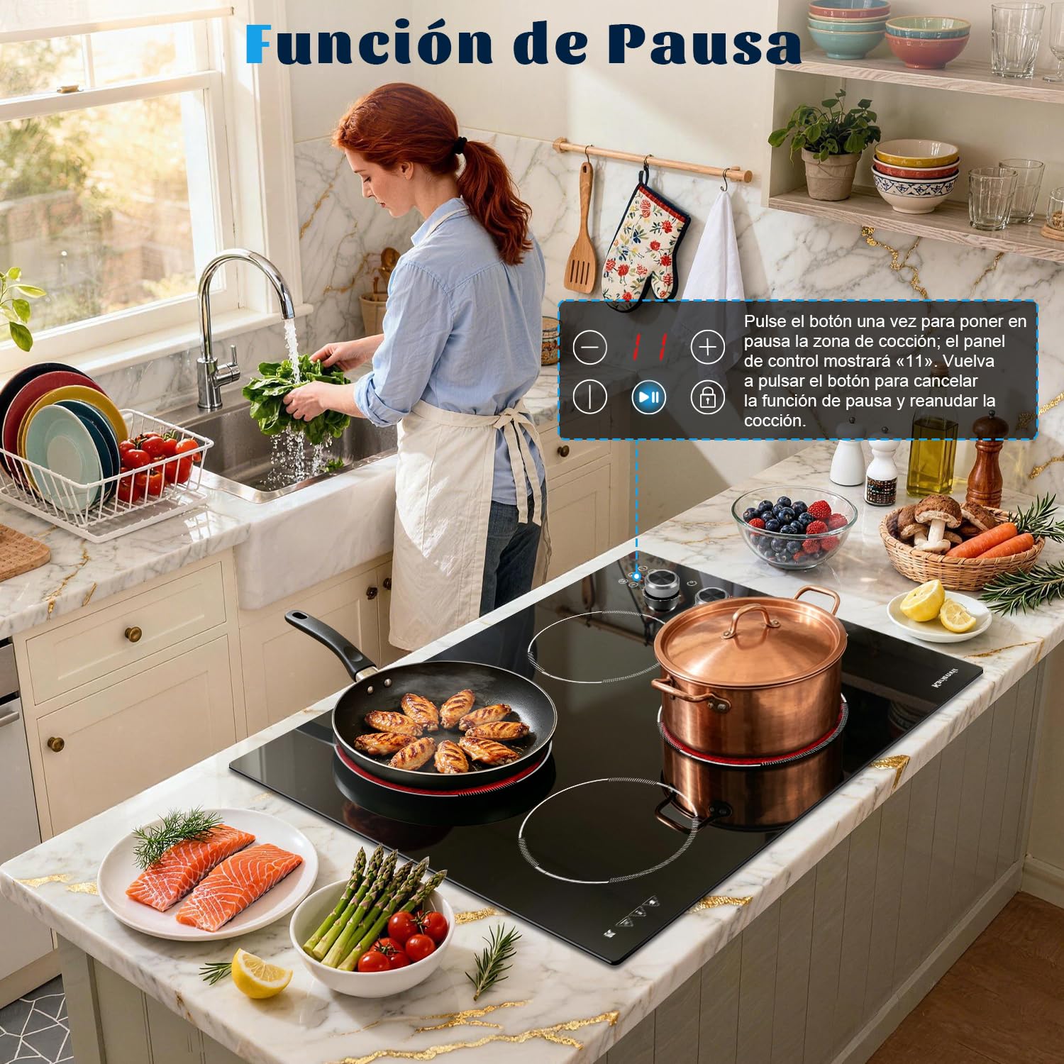 Placa Vitrocerámica de 4 Fuegos, Vitroceramica Empotrada de 60CM, 6000W | Controles táctiles y Perillas, con Bloqueo de Seguridad, Temporizador, Función de Pausa
