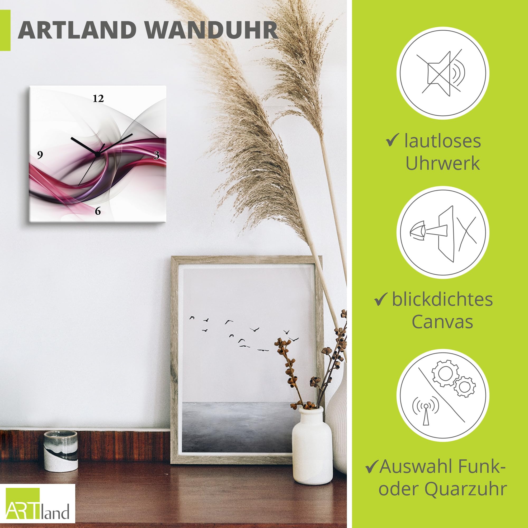 ARTLAND Wanduhr ohne Tickgeräusche Alu Funkuhr 30x30 cm Quadratisch Lautlos Design Welle Abstrakt Modern Ausgefallen S8UL