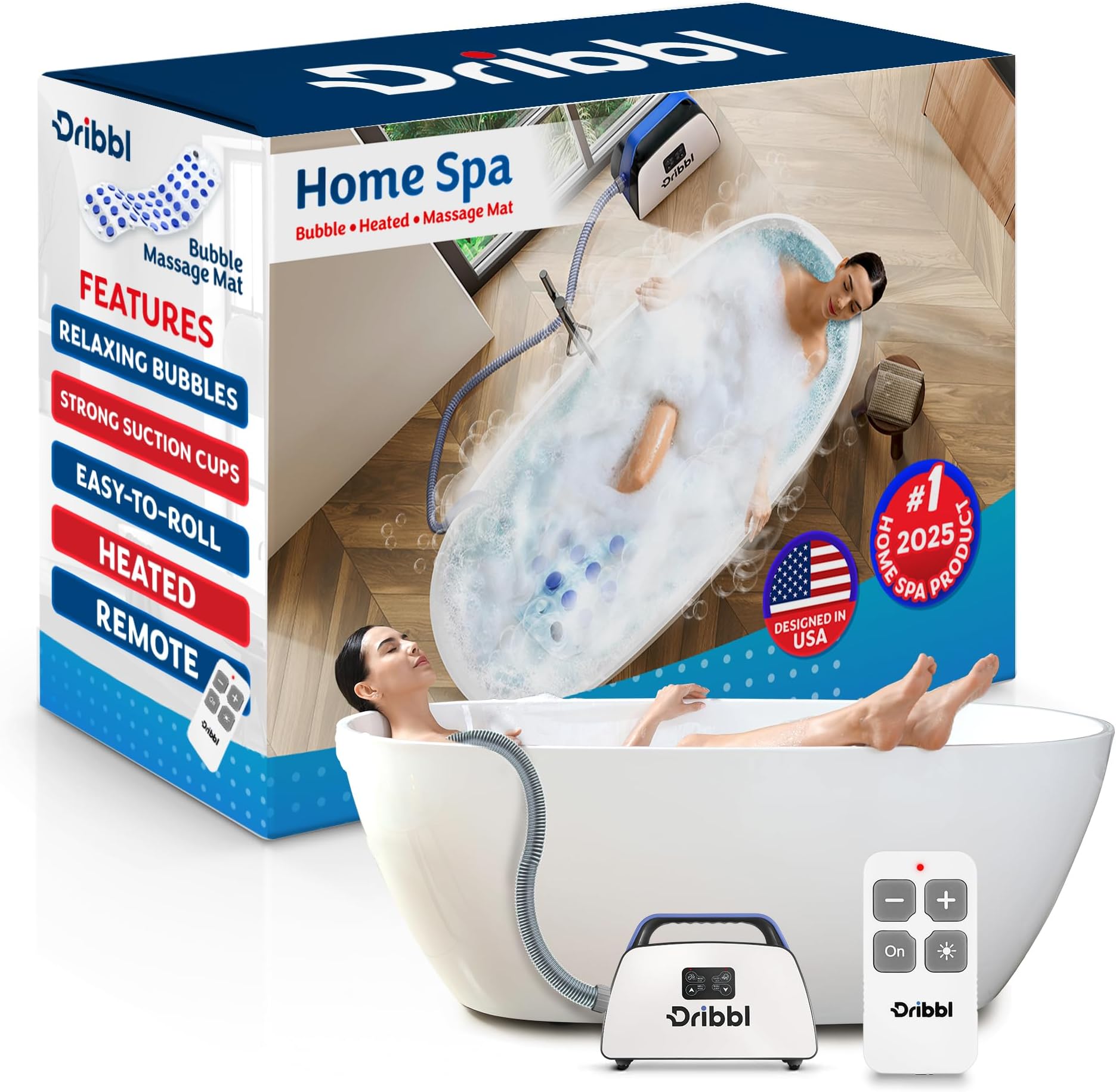 Electric Bubble Massage Bathtub Mat – Non-Slip Full-Body Waterproof Hot Tub Spa Mat for Bath with Heater, Motorized Air Pump, and Remote Control, 6-Speed Adjustable Massage, Blue