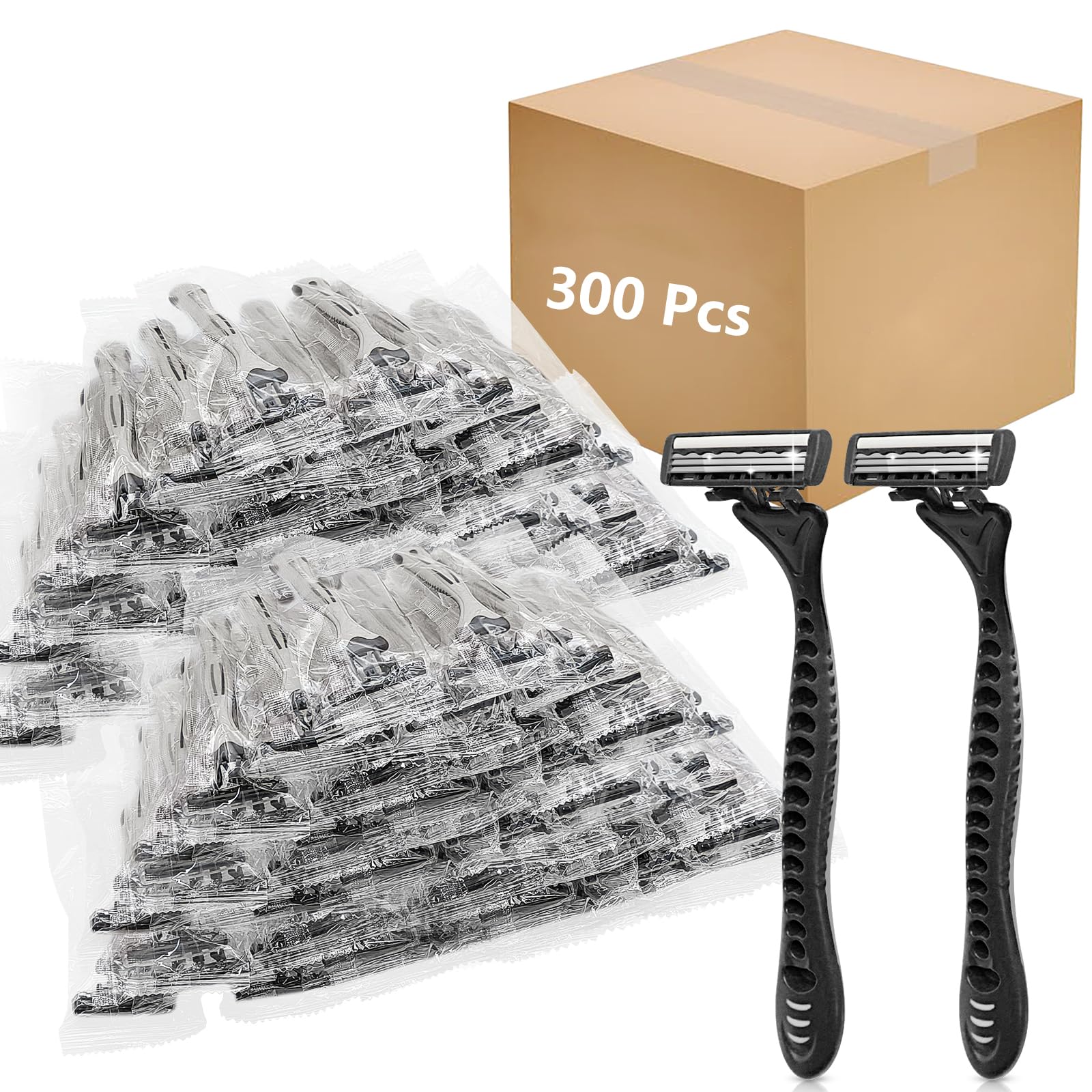 (300 Pack) Kheoxusa 3 Blade Disposable Razor,Three Blade Disposable Razor,Triple Blade Disposable Razor,Disposable Razor Individually Wrapped,Disposable Razor for Airbnb,Travel,Hotel,Tattoo-Grey Black