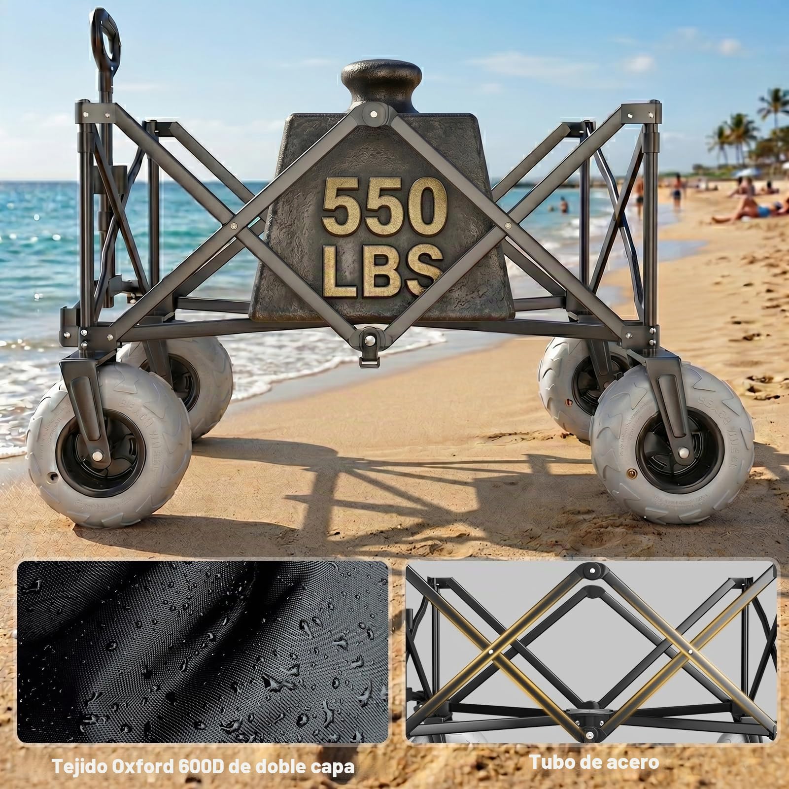 SUNNYFEEL Carro de playa resistente de 41 pulgadas de largo y 550 libras con neumáticos de globo de 9 pulgadas, carrito plegable de 200 L con bolsillo lateral y frenos para camping, deportes, jardín